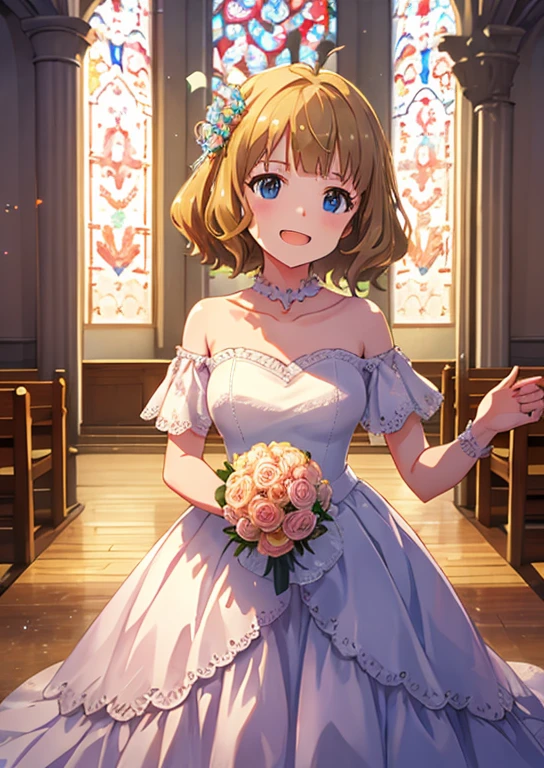 Suo peach, (highest quality, 8k, masterpiece, Very detailed:1.2), (Lens flare, Particles of light, Shine), Medium breast, smile, Open your mouth, masterpiece, highest quality, Very detailed, High resolution, Very detailedなCG, (Official Art), Off the shoulder, Wedding dress, (Embarrassing:1.1), (blush:1.2), Open your mouth, (shout:1.1), (Moving lines:1.1), blue sky, church, Cowboy Shot
