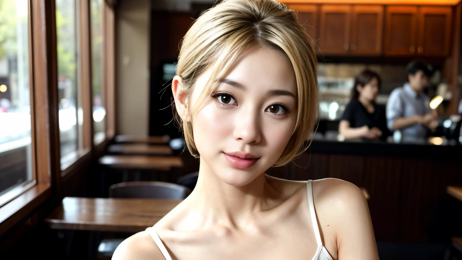 ((highest quality)), ((masterpiece)), (Familiar), Perfect Face,Starbucks,spring, (Realistic, photo Realistic:1.37), High-resolution RAW color photos, Professional photos, Highly detailed face, Very beautiful eyes, Highly detailed skin, Very thin fingers, Highly detailed nose, Highly detailed mouth, Perfect Anatomy, Highly detailed background, (Famous Japanese actresses:1.2), (Gal:1.3), Brown person々, (Blonde:1.3), Very short hair, Cafe Background, Cafes in New York,