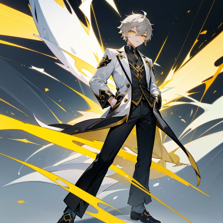 Aether from Genshin Impact. Gray haired boy. Yellow Eyes. Hands in pockets. Black pants and shoes. White coat with golden details. Angry expression.
