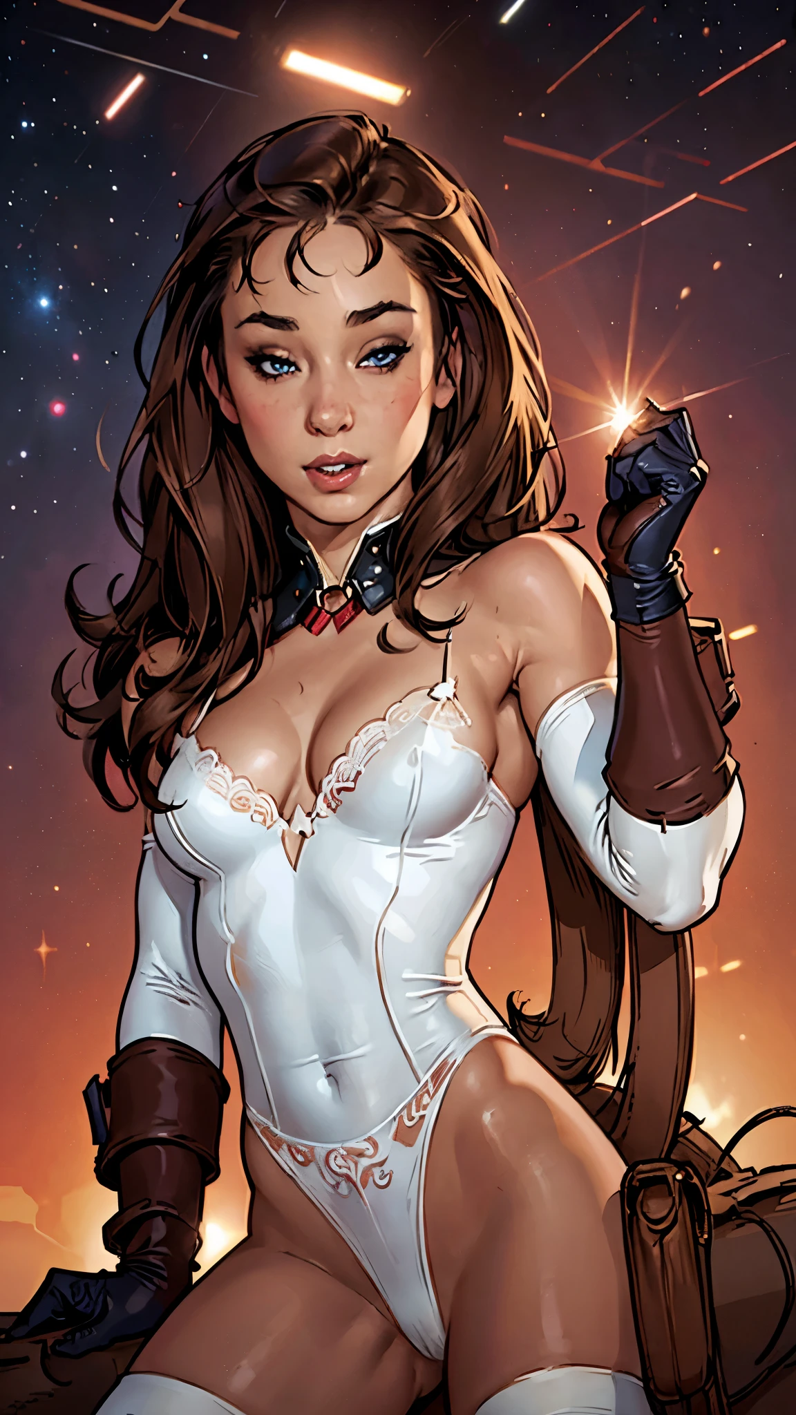 Remy Lacroix, 20 years old, full body, blue eyes, parted lips, perfect body, brown hair, SFW, in the style of Adam Hughes, detailed face, parted lips, cleavage, wearing a white lingerie with red laces, interstellar space background (work of art), 4K, Ultra HD
