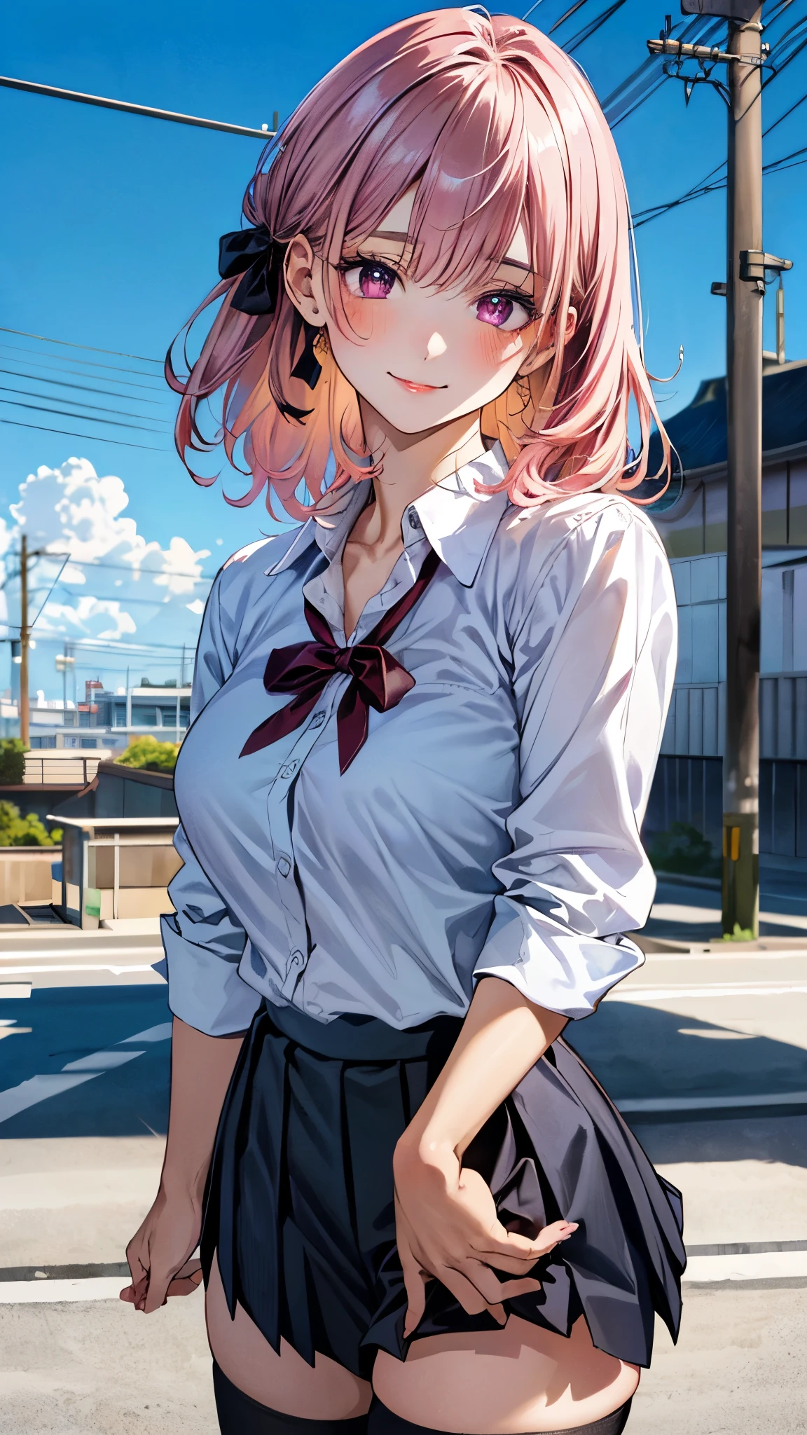 (masterpiece:1.3, top-quality, ultra high res, ultra detailed), (realistic, photorealistic:1.4), beautiful illustration, perfect lighting, natural lighting, colorful, depth of fields, surrealism,
beautiful detailed hair, beautiful detailed face, beautiful detailed eyes, beautiful clavicle, beautiful body, beautiful chest, beautiful thigh, beautiful legs, beautiful fingers, shiny skin,
looking at viewer, 1 girl, japanese, high school girl, (perfect anatomy, anatomically correct, super detailed skin), cute and symmetrical face, babyface, perfect face, perfect eyes,
(middle hair, two side up, pink hair), crossed bangs, purple eyes, drooping eyes, big eyes, long eyelashes, (large breasts, seductive thighs, skindentation), slender, outstanding style,
((detailed cloth texture, white collared shirt, blue pleated skirt, dark red neck ribbon), black thigh-highs, loafer),
(beautiful scenery), late afternoon, (school rooftop), (standing), (lovely smile, upper eyes),