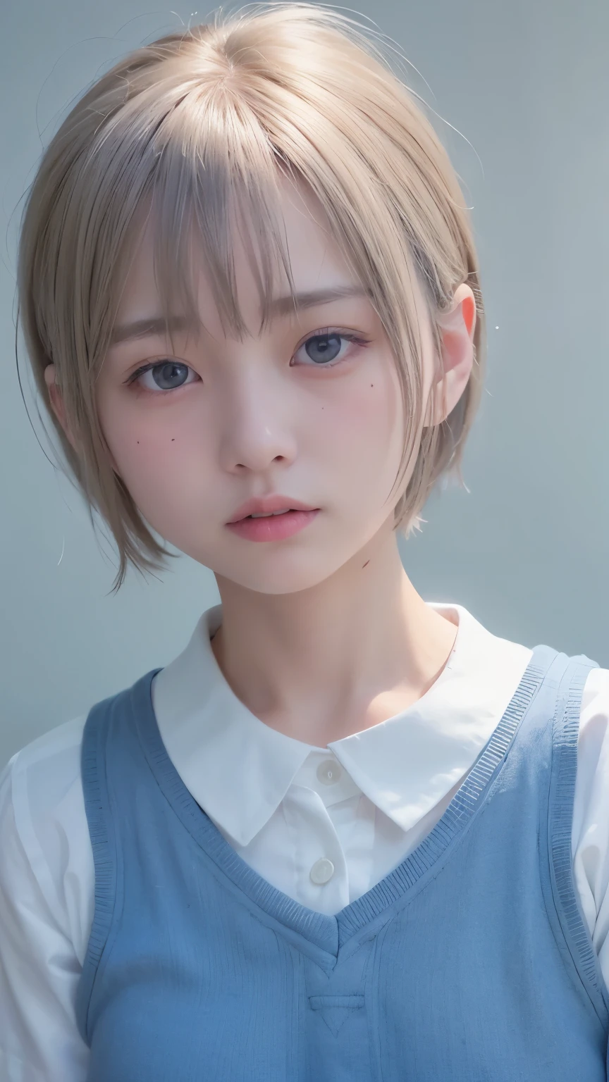 1 Very Cute Girl、12 years old、short hair、White Hair、Blue background、Upper body、(head shot:1.5)、Eyes focus、Collared shirt、Laughter、、(8k、Raw photo、highest quality、masterpiece:1.2)、(Realistic、Photorealistic:1.3)、Hmph、Deep depth of field、Wide Light、High Contrast、(Shine:1.4)、chromatic aberration、Sharp focus、RAW color photos、Cinematic lighting、8k resolution、