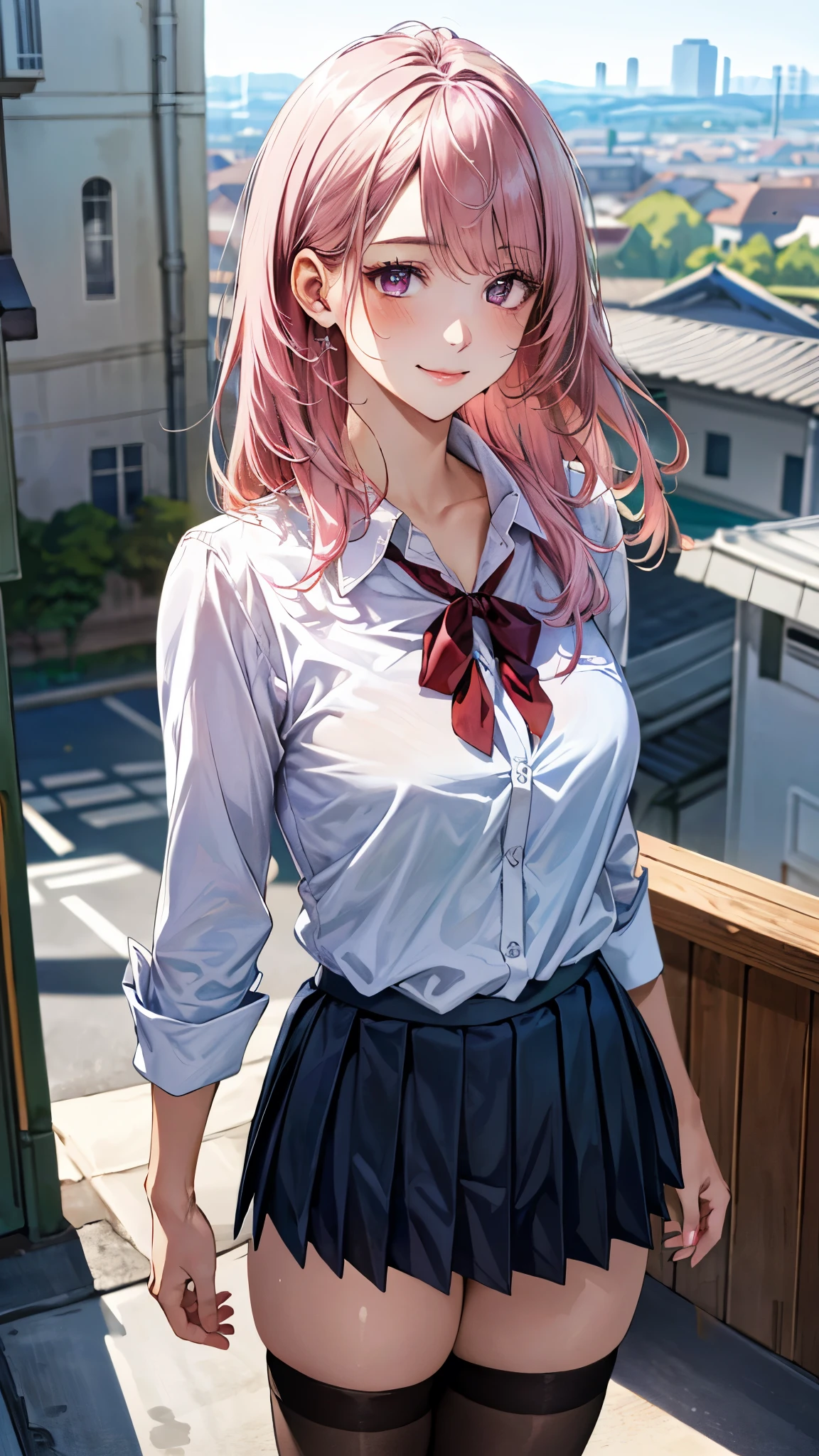 (masterpiece:1.3, top-quality, ultra high res, ultra detailed), (realistic, photorealistic:1.4), beautiful illustration, perfect lighting, natural lighting, colorful, depth of fields, surrealism,
beautiful detailed hair, beautiful detailed face, beautiful detailed eyes, beautiful clavicle, beautiful body, beautiful chest, beautiful thigh, beautiful legs, beautiful fingers, shiny skin,
looking at viewer, 1 girl, japanese, high school girl, (perfect anatomy, anatomically correct, super detailed skin), cute and symmetrical face, babyface, perfect face, perfect eyes,
(middle hair, two side up, pink hair), crossed bangs, purple eyes, drooping eyes, big eyes, long eyelashes, (large breasts, seductive thighs, skindentation), slender, outstanding style,
((detailed cloth texture, white collared shirt, blue pleated skirt, dark red neck ribbon), black thigh-highs, loafer),
(beautiful scenery), late afternoon, (school rooftop), (standing), (lovely smile, upper eyes),