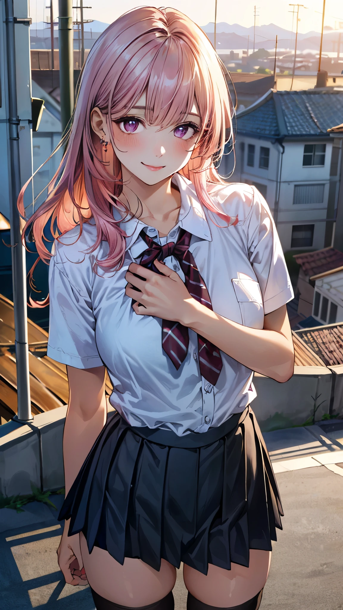 (masterpiece:1.3, top-quality, ultra high res, ultra detailed), (realistic, photorealistic:1.4), beautiful illustration, perfect lighting, natural lighting, colorful, depth of fields, surrealism,
beautiful detailed hair, beautiful detailed face, beautiful detailed eyes, beautiful clavicle, beautiful body, beautiful chest, beautiful thigh, beautiful legs, beautiful fingers, shiny skin,
looking at viewer, 1 girl, japanese, high school girl, (perfect anatomy, anatomically correct, super detailed skin), cute and symmetrical face, face, perfect face, perfect eyes,
(middle hair, two side up, pink hair), crossed bangs, purple eyes, drooping eyes, big eyes, long eyelashes, (large breasts, seductive thighs, skindentation), slender, outstanding style,
((detailed cloth texture, white collared shirt, blue pleated skirt, dark red neck ribbon), black thigh-highs, loafer),
(beautiful scenery), late afternoon, (school rooftop), (standing), (lovely smile, upper eyes),