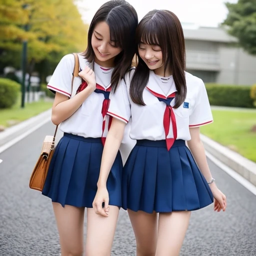 Two Japanese elementary school girls wearing short sleeves and shorts are kissing happily