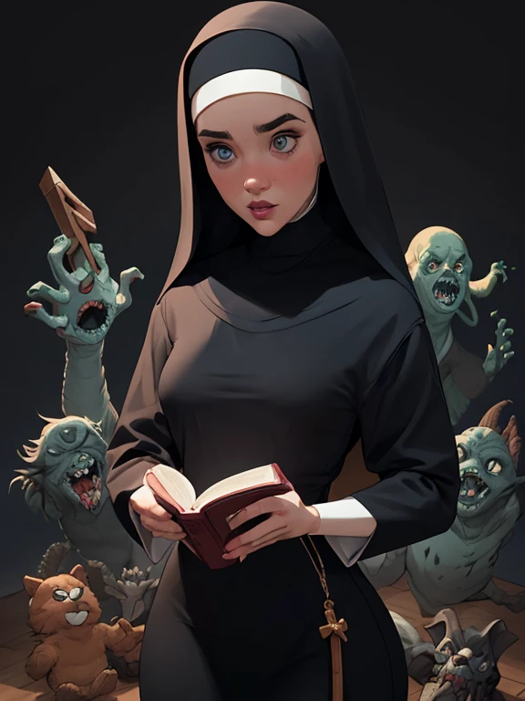 garota,, pequeno, Shy, bunda grande, catholic nun outfit , dynamic pose, Quente, soft or colored lips, fundo simples, perfect hands, anatomia perfeita, Tilt Jennifer Connelly style Cartoon style digital illustration GTA style vampire slayer with a bible in one hand and a wooden stake in the other horror background with monsters behind her