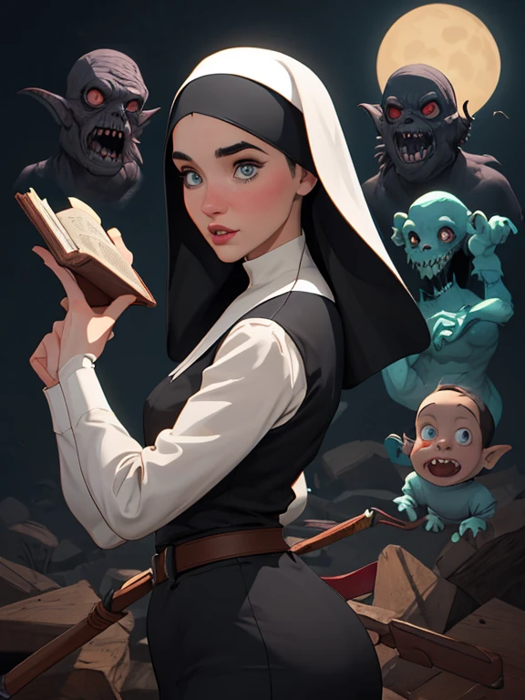 garota,, pequeno, Shy, bunda grande, catholic nun outfit , dynamic pose, Quente, soft or colored lips, fundo simples, perfect hands, anatomia perfeita, Tilt Jennifer Connelly style Cartoon style digital illustration GTA style vampire slayer with a bible in one hand and a wooden stake in the other horror background with monsters behind her