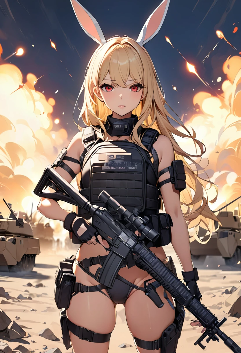 masterpiece、highest quality、Ultra-high resolution、Maximum resolution、Very detailed、Professional Lighting、anime、woman、thin、so beautiful、Bunny girl、Has an assault rifle、Red Eye、Blonde、long hair、Fingerless gloves、Equipped with a plate carrier、Standing alone on the battlefield