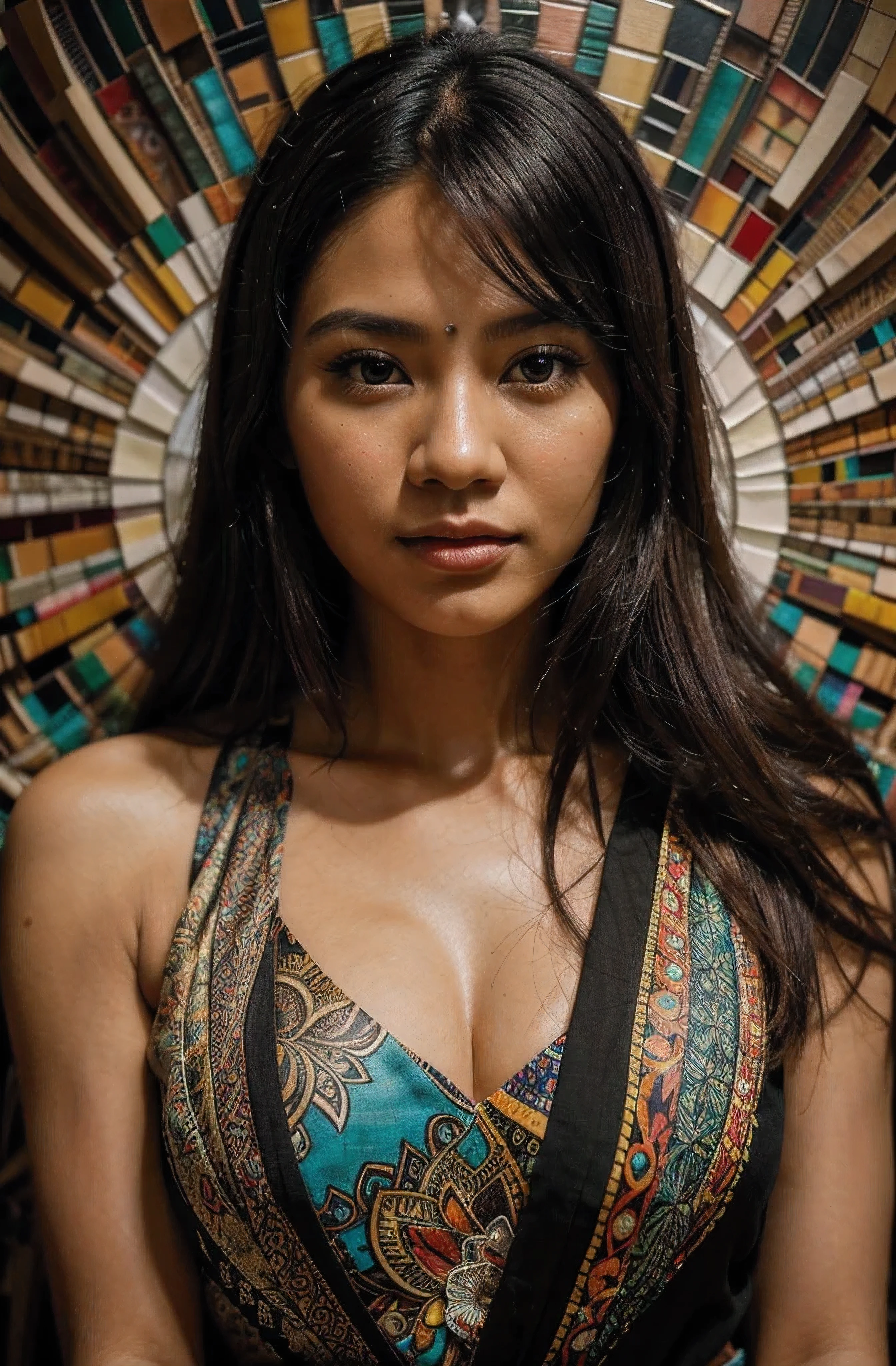A cinematic, captivating, and intricate artwork by the talented artist schnella. The piece features a close-up, mosaic-style portrait of a Papua New Guinea-Japanese woman, using squares of paper with unique colors and textures. The collage technique creates a complex, visually stunning image, with the woman's enchanting eyes serving as the focal point. The background is a vibrant, chaotic symphony of colors and patterns, adding depth and complexity. This mesmerizing illustration, painting, or poster showcases the artist's exceptional skill, creativity, and ability to create a truly cinematic masterpiece., painting, vibrant, cinematic, poster, illustration