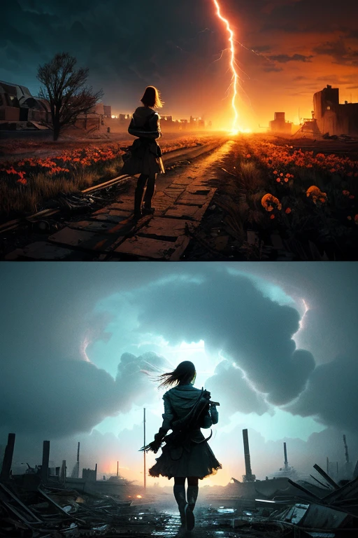 "Digital art, ((forlorn)) girl wandering through a nuclear wasteland, flowers breaking through the destruction, eerie ruins under a tumultuous sky, ((desolate beauty)), ((emotional depth)), detailed, haunting"