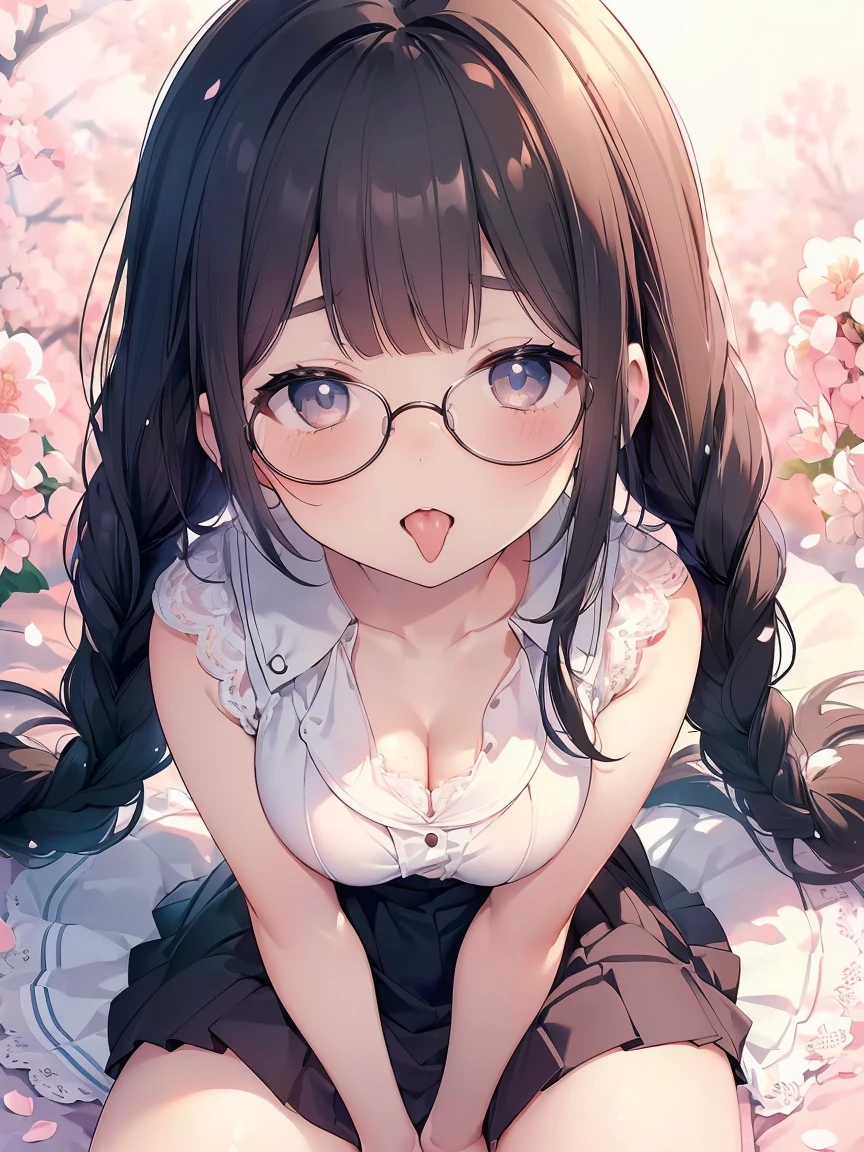 Very detailed, highest quality, High resolution, Moe Anime, ((A cute  with black hair and droopy eyes)), ((Wearing large round glasses:1.4)), (Baby Face), Cute eyes, eye depiction, Sparkle in the eyes, View your viewers, Pale skin, (Big eyes:1.4, Droopy eyes:1.4, Fatty face:1.4), smile, Focus on the face, In the park with cherry blossoms falling, Sitting, (Extreme close up of tongue), (((From above))), Open your mouth, (((Face only:1.3))), ((white lace sleeveless dress)), Bright Eyes, Light from the front, (Put your hands between your legs:1.4), large and long tongue, Cleavage, Braided hairstyle