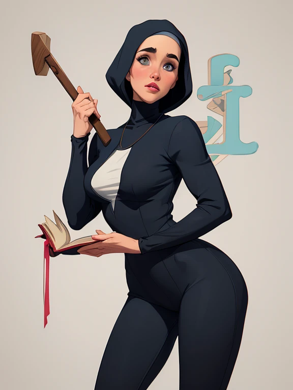 garota,, pequeno, Shy, bunda grande, medieval catholic nun outfit , dynamic pose, Quente, soft or colored lips, fundo simples, perfect hands, anatomia perfeita, Tilt Jennifer Connelly style Cartoon style digital illustration GTA style vampire slayer with a bible in one hand and a wooden stake in the other horror background with well-drawn Gremlins well-defined lines Cartoon style style digital illustration GTA style around her