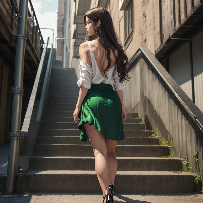 (((medium full shot))), (Masterpiece, photorealistic, photorealism, best quality, ultra-detailed:1.3), (nice hands, perfect hands), official art, cinematic light, (1girl:1.3), adult, (22 years old woman), medium breast, small waist, brown flowing hair glamour, (green glowing eyes), beautiful face, beautiful detailed eyes, looking at viewer, stunningly beautiful woman, detailed hairstyle, detailed background, industrial area, ((wearing flowing skirt and over-sized shirt with shoulders showing)), shiny skin,(nice leg line:1.3),thighs, thinness,high heels, Pathway and stairs,depth of field, looking at viewer, (from behind, upper body)