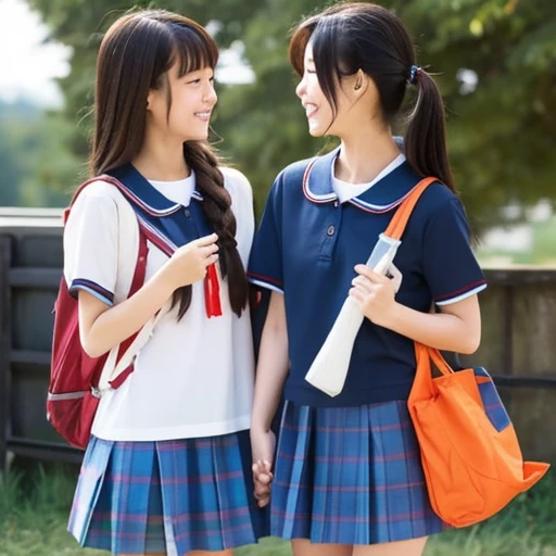 Two Japanese elementary school girls wearing short sleeves and shorts are kissing happily