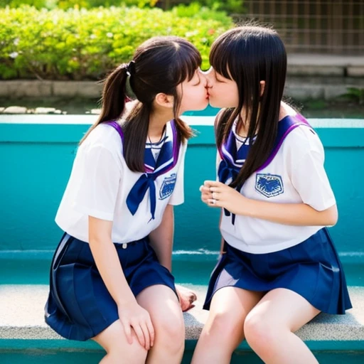 Two Japanese elementary school girls wearing short sleeves and shorts are kissing happily