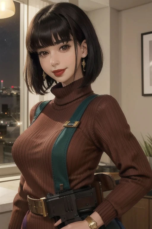 smiling at viewer, (portrait, close up:1.2)
spherehunter, 1girl, lips, short black hair, blunt end bangs, brown eyes, red lips, red ribbed sweater dress, gold jewelry, gun holster straps, military gear,
realistic, picturesque, indoors, night time, city skyline, japan,
 