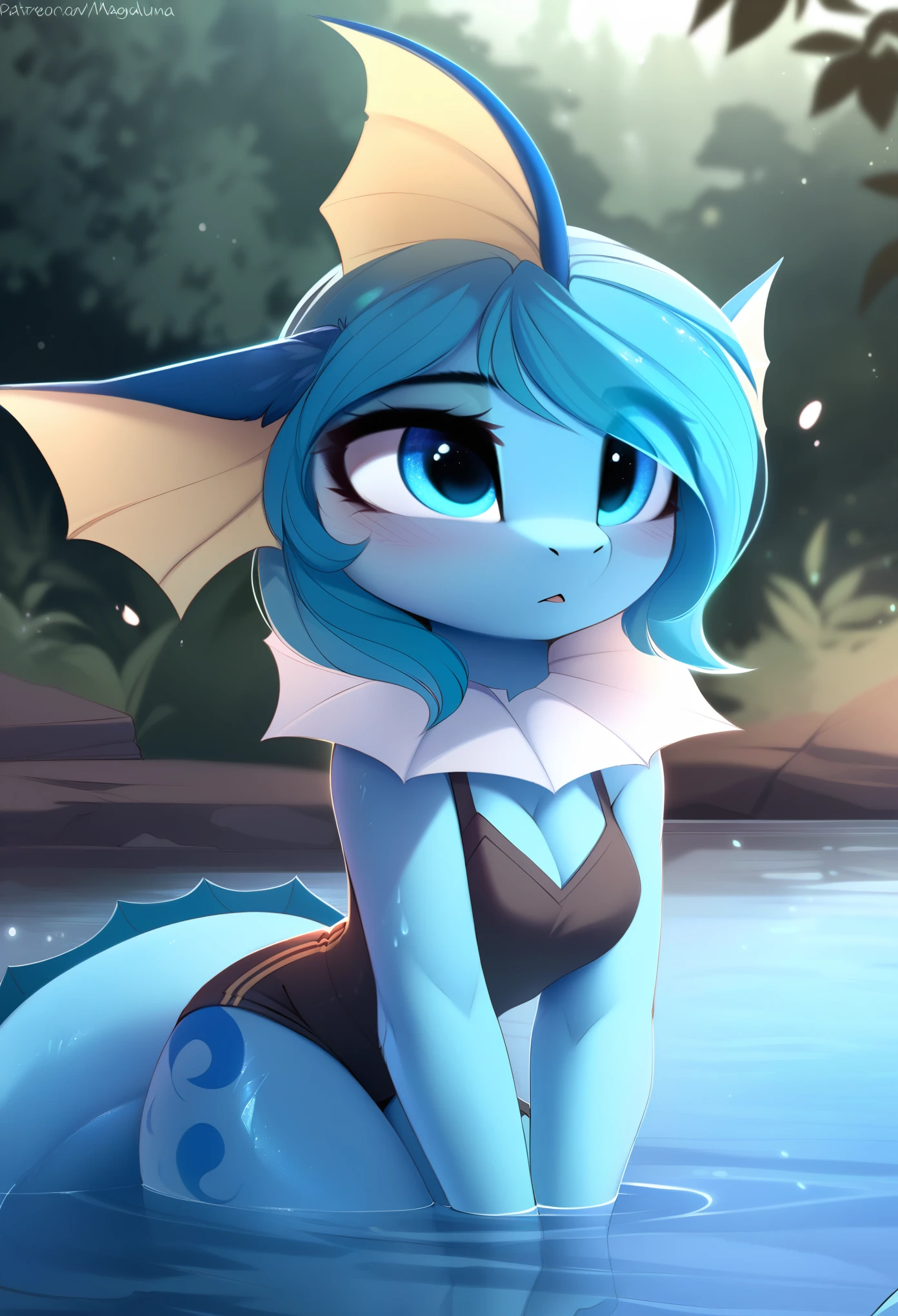 by magnaluna, 1girl,  anthro, vaporeon, blue skin, pokemon, blue eyes, detailed skin, river shore, in water, detailed background, best quality, clothing 