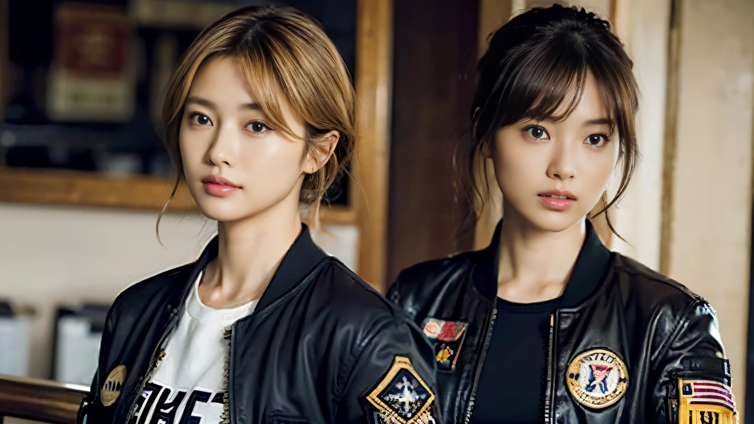 (masterpiece:1.2), Very detailed, Ultra-high resolution, (Realistic, photo Realistic:1.37), High-resolution RAW color photos, Professional photos, Very detailedな顔, Very beautiful eyes, Very detailedな肌, Very thin fingers, Very detailedな鼻, Very detailedな口, Perfect Anatomy, Very detailedな背景, (Famous Japanese actresses:1.2), (Gal:1.3), Brown person々, Dark Skin, (Blonde:1.3), Very short hair, Cafe Background, Cafes in New York, (He is wearing a black air bomber jacket with lots of patches.., cargo pants:1.3),