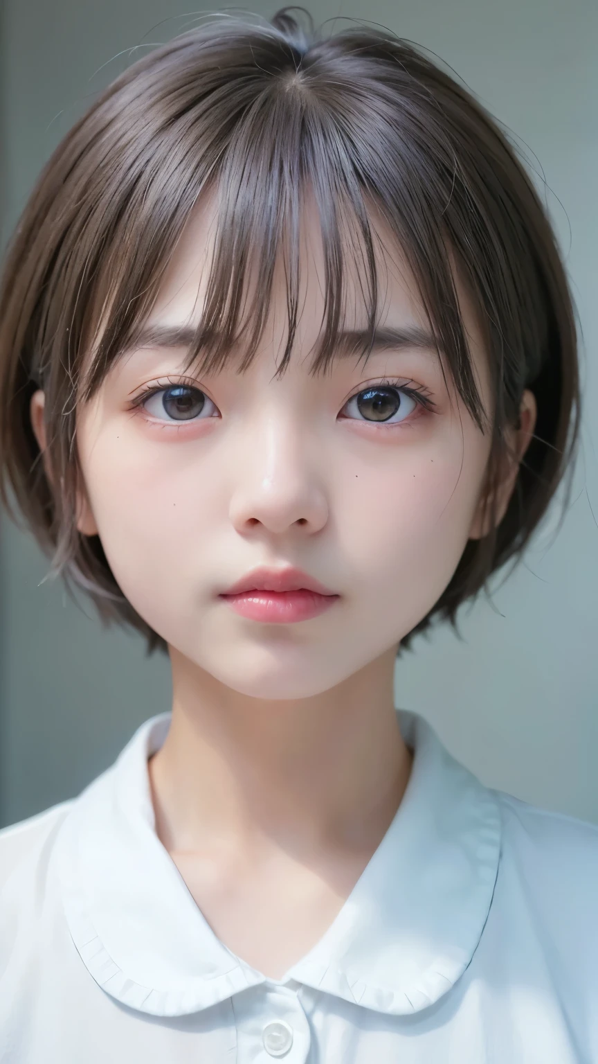 1 Very Cute Girl、12 years old、short hair、White Hair、Blue background、Upper body、(head shot:1.5)、Eyes focus、Collared shirt、Laughter、、(8k、Raw photo、highest quality、masterpiece:1.2)、(Realistic、Photorealistic:1.3)、Hmph、Deep depth of field、Wide Light、High Contrast、(Shine:1.4)、chromatic aberration、Sharp focus、RAW color photos、Cinematic lighting、8k resolution、