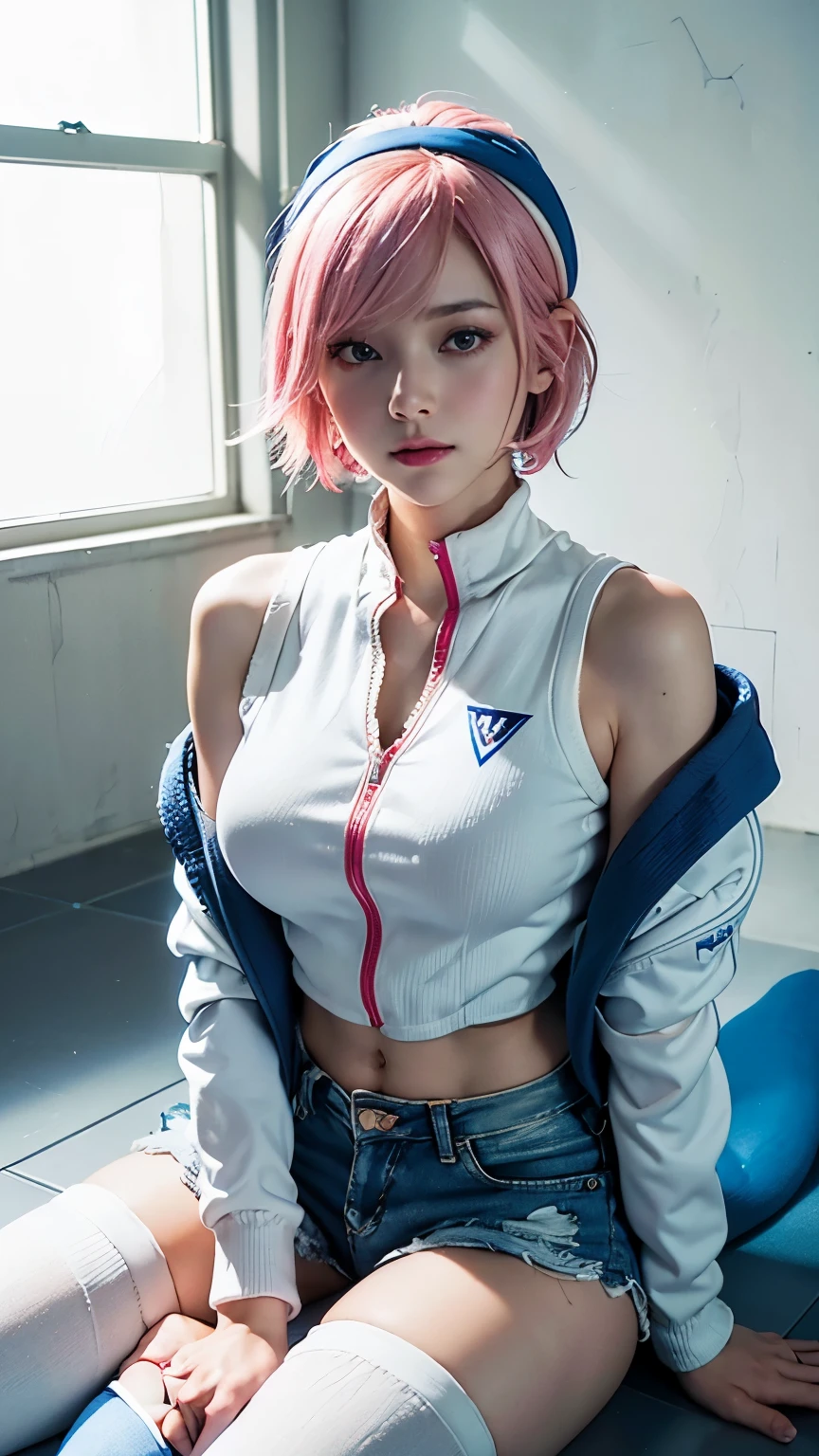 (8k, highest quality, masterpiece:1,2), (Realistic, Photorealistic:1.37), Super Detail, One Girl,), (Very detailedな), (Beautiful and detailed eyes), (highest quality), (Very detailed ), (masterpiece), (Detailed face),20-year-old, ,1 girl, ((Pink Hair,Very short hair)), Dressed, Perfect lighting, break  (White and blue colorblock bomber jacket:1.3), (Red high neck knit sweater:1.2), (White sleeveless bodysuit:1.4), (Blue high waist shorts:1.3), (Slim fit and sporty silhouette:1.2), (White knee-high socks:1.2), (Red sneakers:1.2), (White headband:1.2), (Red earrings:1.2), (blue necklace:1.2), break bangs on left side, Right ear, White headband, smile, looking at the camera, Sparkling eyes, Proudly, Stand up straight, White wall with blue lines, Gundam head logo on the wall, Grey tile floor, Red carpet on the floor, Natural light through the window, Bright face and clothes, Few shadows,
