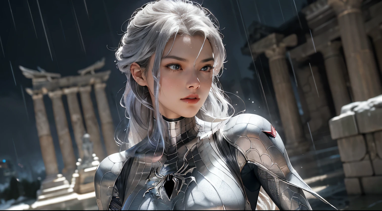 (Extreme Detail CG Unity 8K wallpaper, masterpiece, highest quality), (Exquisite lighting and shadow, highly dramatic picture, Cinematic lens effect), a beautiful girl in a white Spider-Man costume, silver gray hair color, long hair, from the Spider-Man parallel universe, Wenger, Marvel, Spider-Man, in the ancient temple, in the rain, very beautiful face, silver claws, dynamic pose), (excellent detail, excellent lighting, wide angle), (excellent rendego on ancient temple, enough to stand out in its class), focus on white Spider-Man costumes, complex spider textures