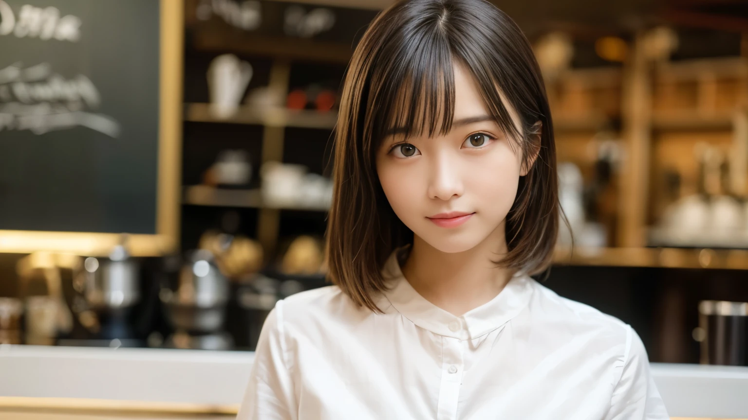 masterpiece, highest quality, 8k, Disorganized person, (Upper Body:1.4), Stylish cafe,White shirt, beautiful girl, Pretty face, Looking at the audience, smile, Ultra-realistic, High resolution, photograph, Sharp focus, High resolution, Face Light, Dynamic Lighting, Cinema Lighting, Professional Shadow, Beautiful cafe background, Best details, Very detailed, Very detailed, finely, Real Skin, Delicate facial features, Detailed face and eyes, Sharp pupils、Real students