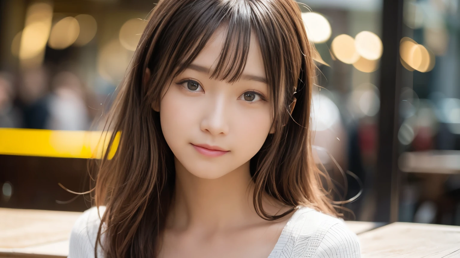 masterpiece, highest quality, 8k, Disorganized person, (Upper Body:1.4), Stylish cafe,White shirt, beautiful girl, Pretty face, Looking at the audience, smile, Ultra-realistic, High resolution, photograph, Sharp focus, High resolution, Face Light, Dynamic Lighting, Cinema Lighting, Professional Shadow, Beautiful cafe background, Best details, Very detailed, Very detailed, finely, Real Skin, Delicate facial features, Detailed face and eyes, Sharp pupils、Real students