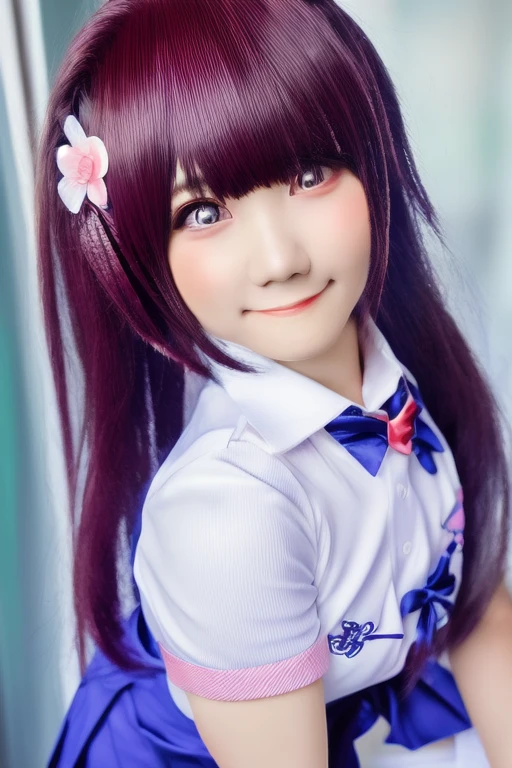 Ultra-detailed,highly detailed,best quality,masterpiece,realistic,photorealistic,xiaofu, 1girl, solo, school uniform, window, face closeup, guwrgura cosplay, nenekov1, cute, smiling 