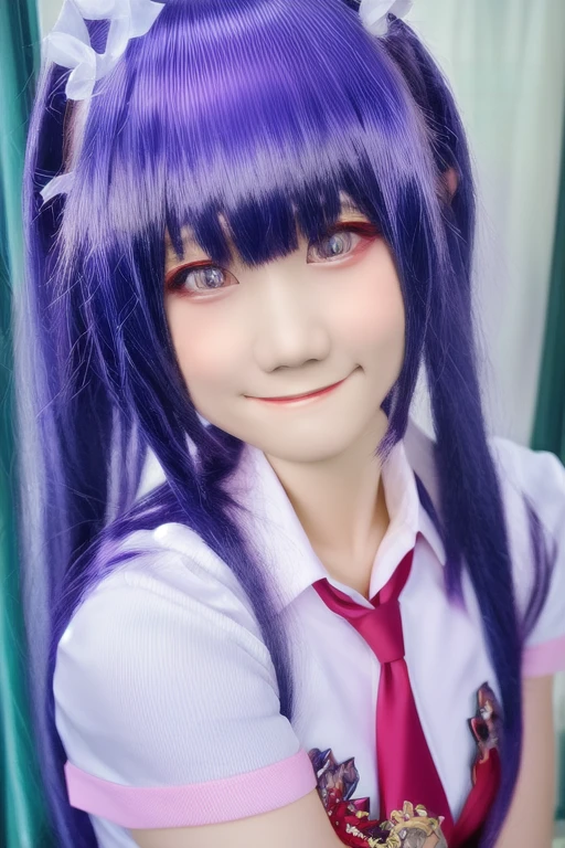 Ultra-detailed,highly detailed,best quality,masterpiece,realistic,photorealistic,xiaofu, 1girl, solo, school uniform, window, face closeup, guwrgura cosplay, nenekov1, cute, smiling 