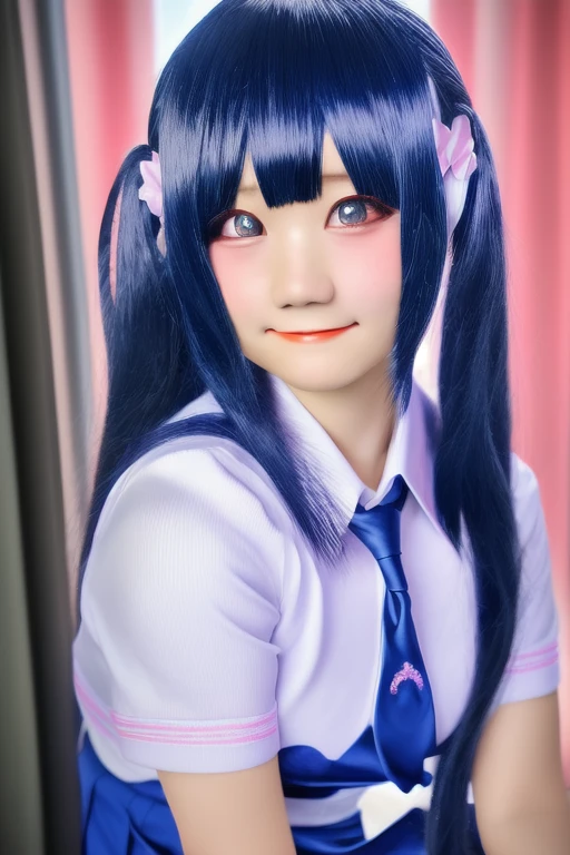 Ultra-detailed,highly detailed,best quality,masterpiece,realistic,photorealistic,xiaofu, 1girl, solo, school uniform, window, face closeup, guwrgura cosplay, nenekov1, cute, smiling 