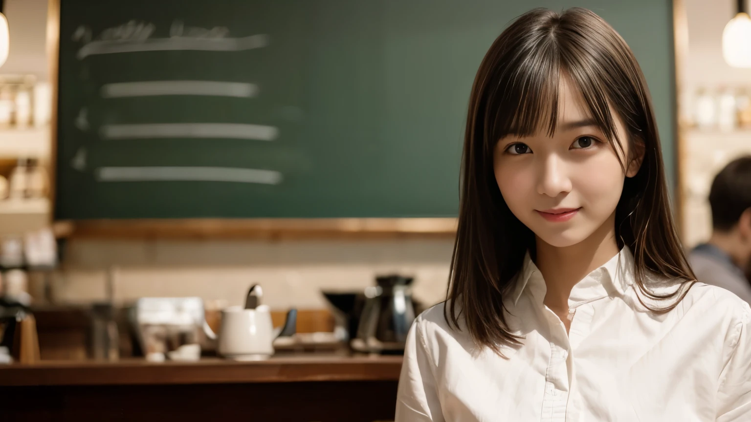 masterpiece, highest quality, 8k, Disorganized person, (Upper Body:1.4), Stylish cafe,White shirt, beautiful girl, Pretty face, Looking at the audience, smile, Ultra-realistic, High resolution, photograph, Sharp focus, High resolution, Face Light, Dynamic Lighting, Cinema Lighting, Professional Shadow, Beautiful cafe background, Best details, Very detailed, Very detailed, finely, Real Skin, Delicate facial features, Detailed face and eyes, Sharp pupils、Real students