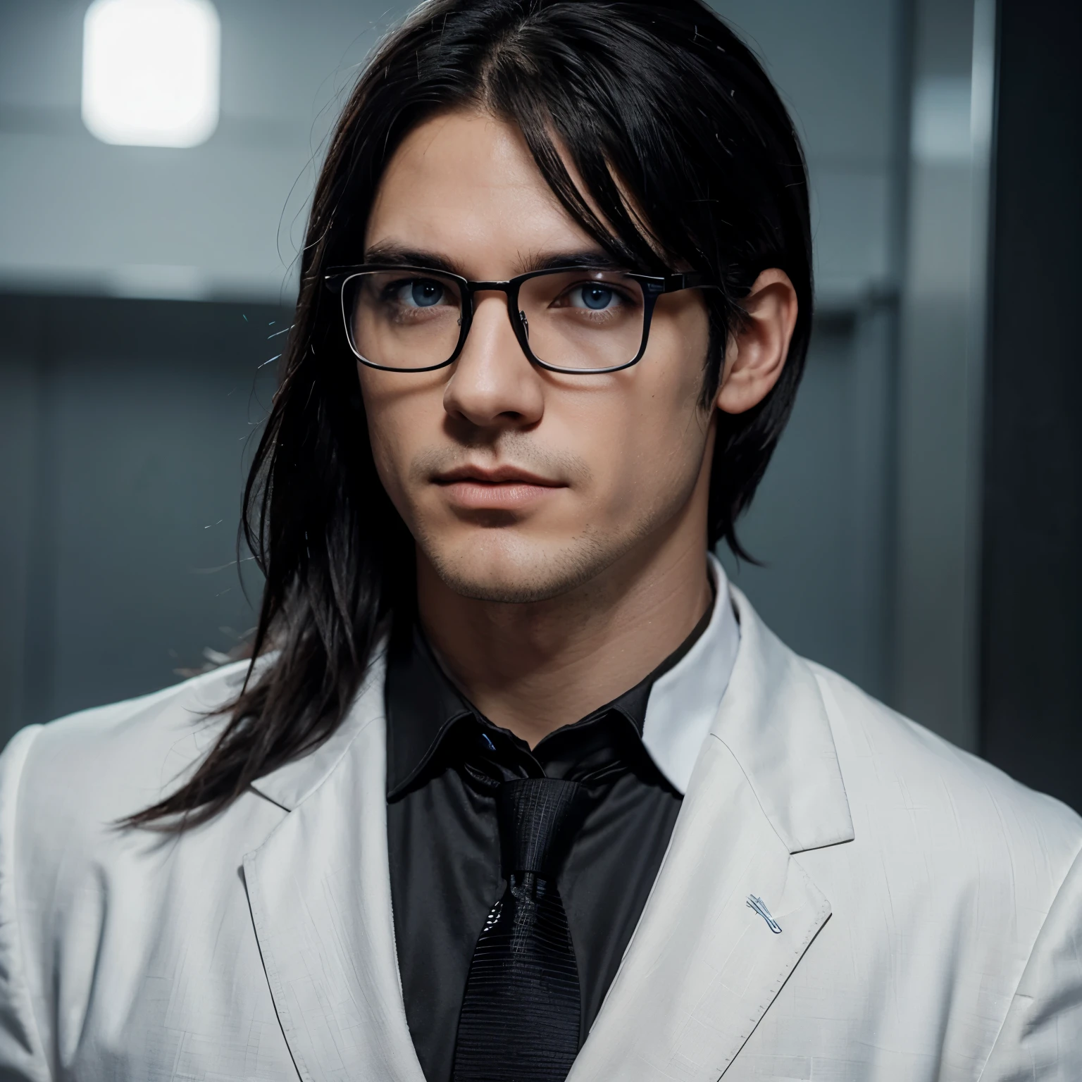 Create a guy, with short black hair, looking as a bad guy, and straight hair, with black and square glasses, with a really white skin,blue eyes a tiny lips, and a greek nose, using a suit