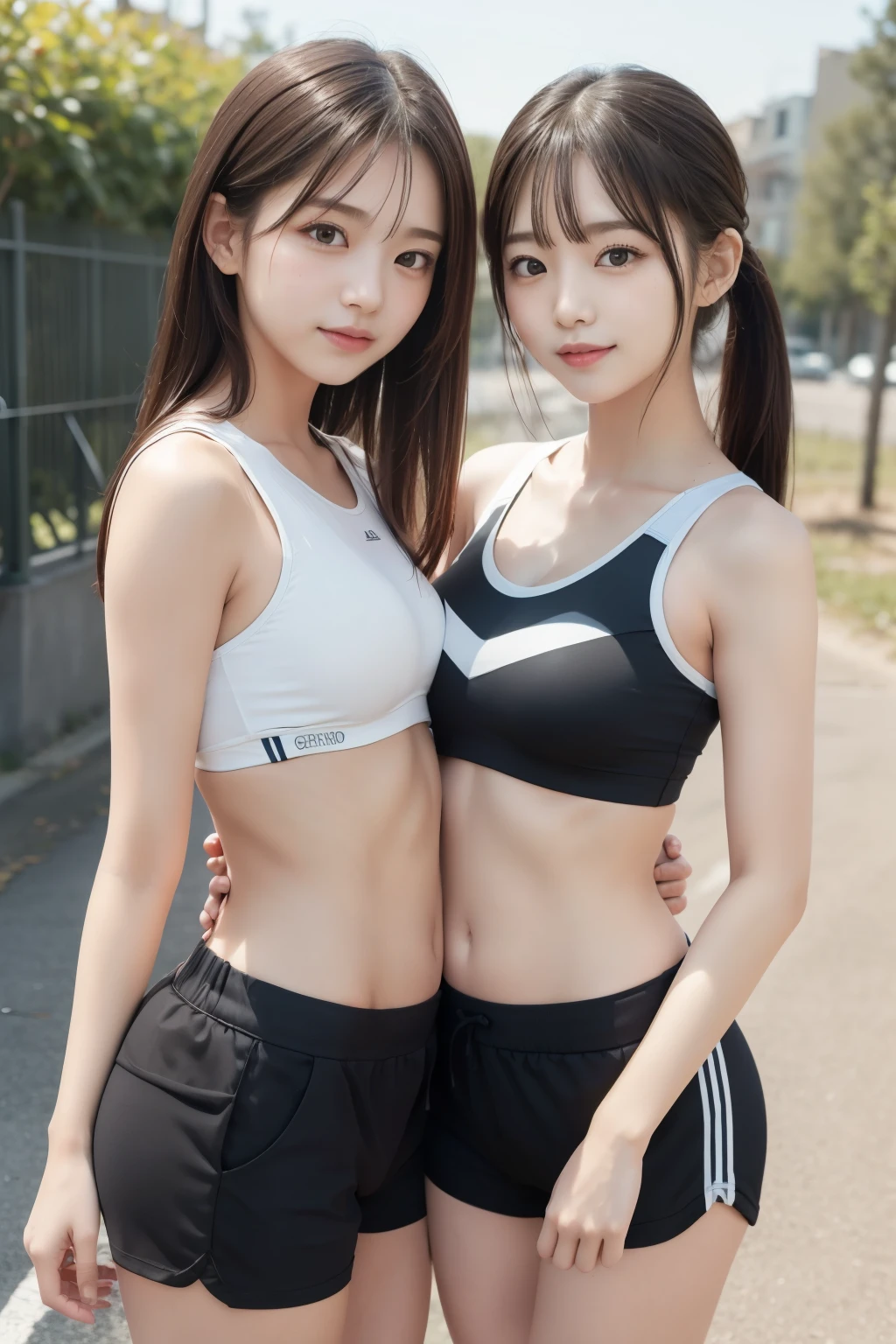(Girl and girl), two girl, girls, ((sportswear)), sports bra, bloomers, shorts, light smile, golden hair, outdoors, pants, thighs, ((tanned skin)), dark skin, prison, 