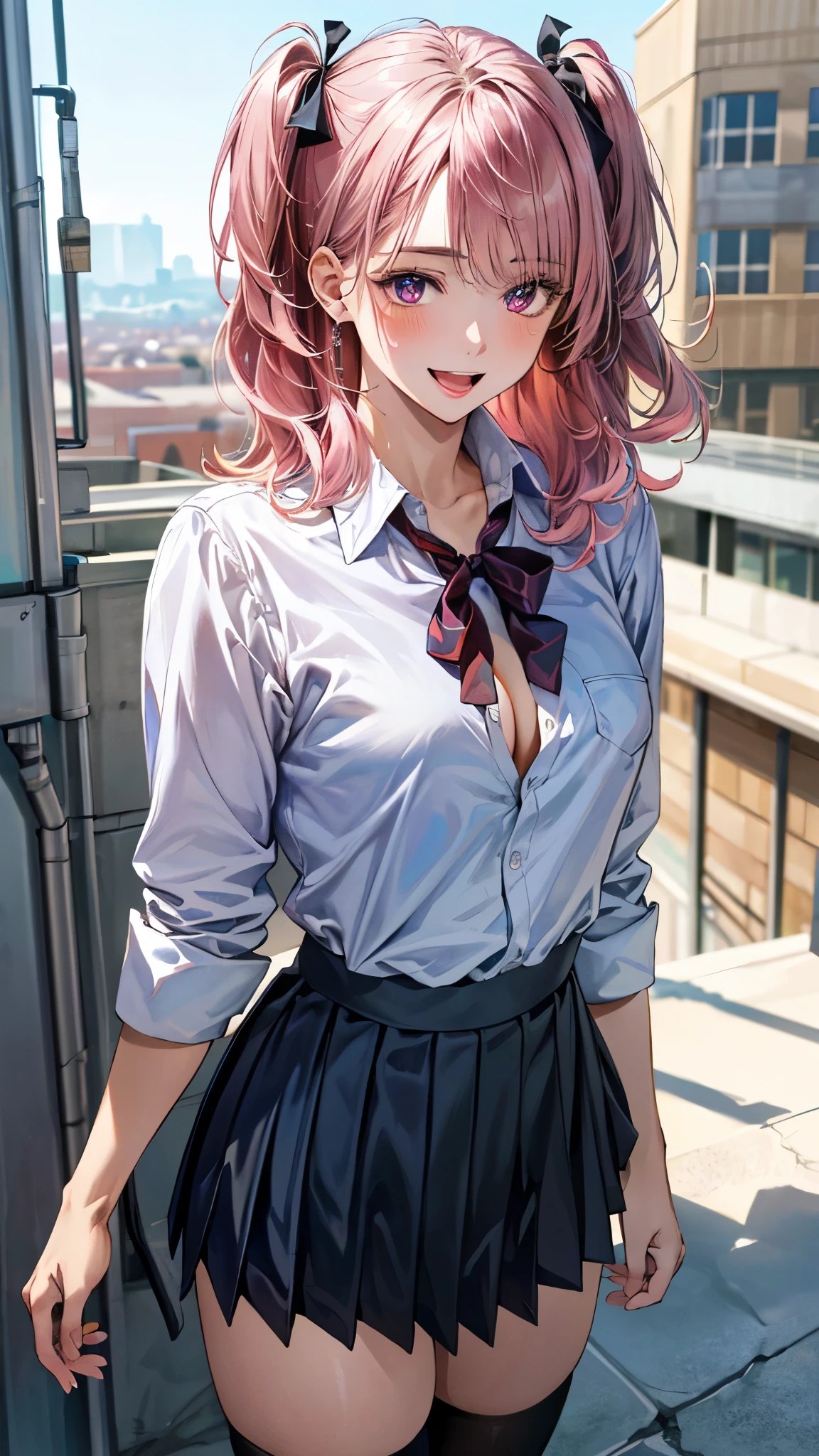 (masterpiece:1.3, top-quality, ultra high res, ultra detailed), (realistic, photorealistic:1.4), beautiful illustration, perfect lighting, natural lighting, colorful, depth of fields, surrealism,
beautiful detailed hair, beautiful detailed face, beautiful detailed eyes, beautiful clavicle, beautiful body, beautiful chest, beautiful thigh, beautiful legs, beautiful fingers, shiny skin,
looking at viewer, 1 girl, japanese, high school girl, (perfect anatomy, anatomically correct, super detailed skin), cute and symmetrical face, babyface, perfect face, perfect eyes,
(middle hair, two side up, pink hair), crossed bangs, purple eyes, drooping eyes, big eyes, long eyelashes, (large breasts, seductive thighs, skindentation), slender, outstanding style,
((detailed cloth texture, white collared shirt, blue pleated skirt, dark red neck ribbon), black thigh-highs, loafer),
(beautiful scenery), late afternoon, (school rooftop), standing, hands on chest, (lovely smile, upper eyes, open mouth small),
