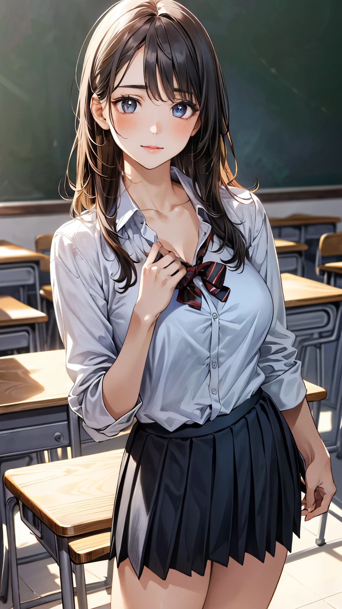 (masterpiece:1.3, top-quality, ultra high res, ultra detailed), (realistic, photorealistic:1.4), beautiful illustration, perfect lighting, natural lighting, colorful, depth of fields, surrealism,
beautiful detailed hair, beautiful detailed face, beautiful detailed eyes, beautiful clavicle, beautiful body, beautiful chest, beautiful thigh, beautiful legs, beautiful fingers, shiny skin, babyface,
looking at viewer, (face focus, upper body), 1 girl, japanese, high school girl, (perfect anatomy, anatomically correct, super detailed skin), cute and symmetrical face, perfect face, perfect eyes,
(middle hair, straight hair, charcoal gray hair), crossed bangs, blue eyes, drooping eyes, big eyes, long eyelashes, (large breasts, seductive thighs), slender, outstanding style,
((detailed cloth texture, white collared shirt, blue pleated skirt, dark red neck ribbon)),
(beautiful scenery), late afternoon, (classroom), standing, (nervous),
