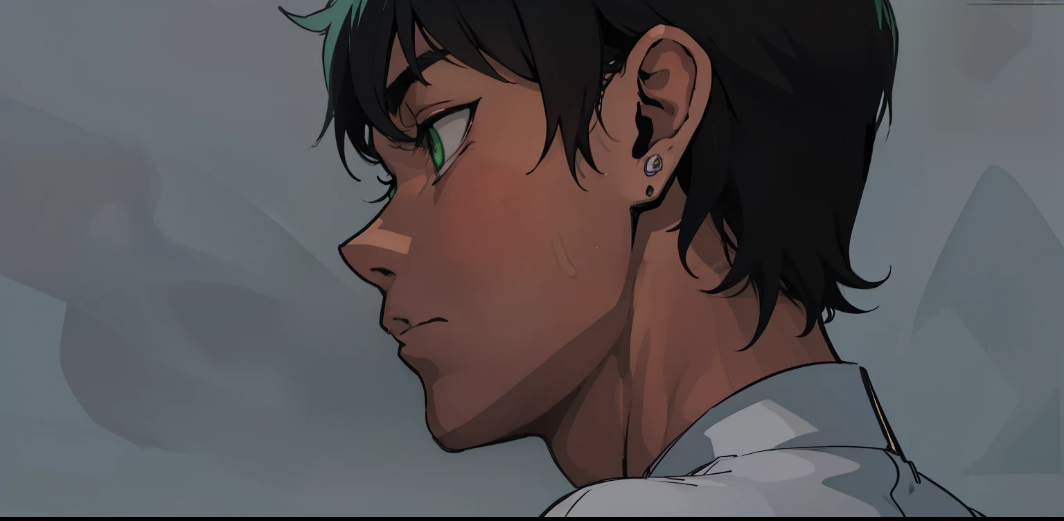 estilo comic anime 2d, 17 year old boy look sad depressed green eyes