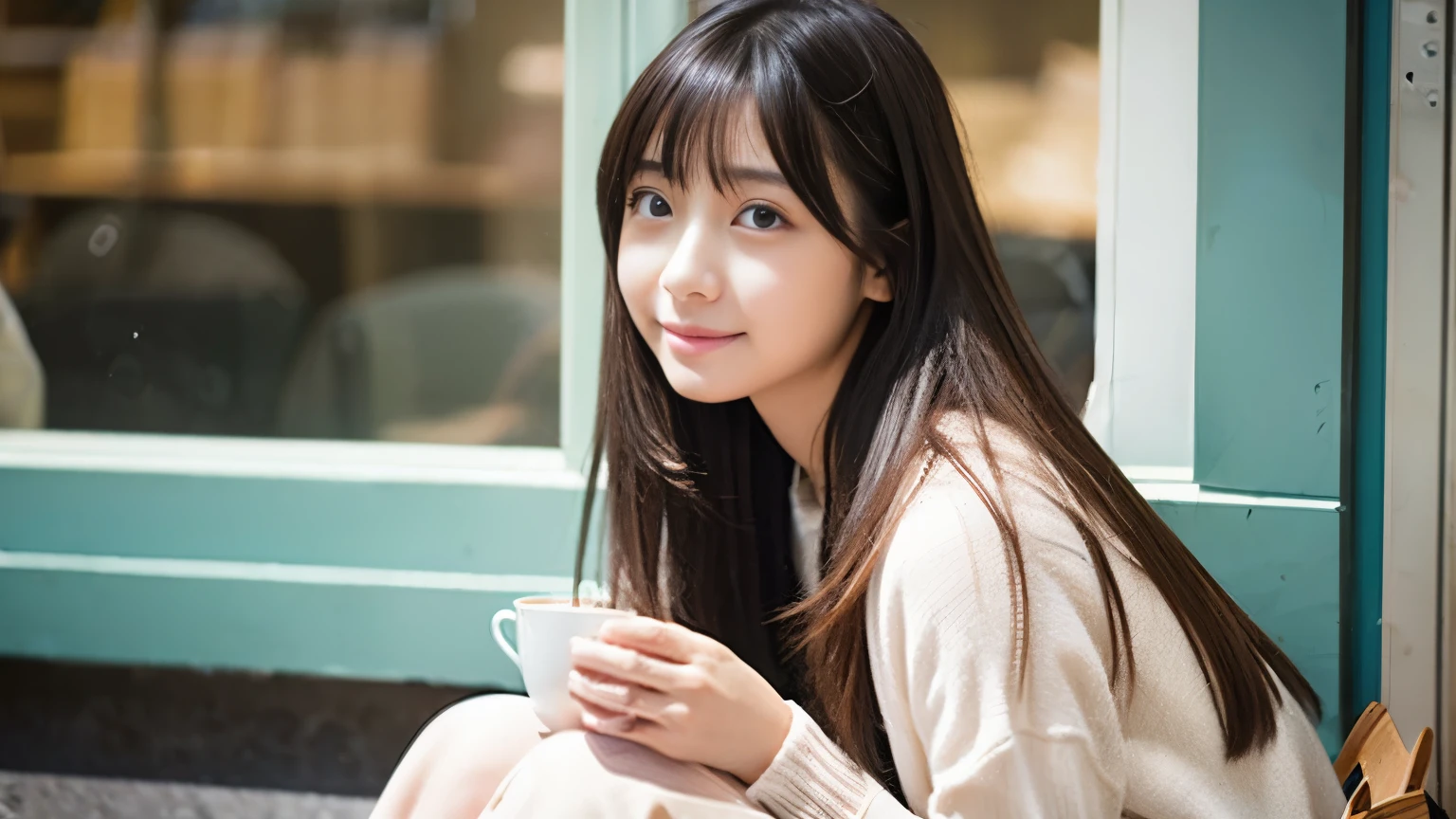super high quality、Natural brightness、日本の若いbeautiful girl、beautiful girl、Strong sadness、Sit in a cafe、Straight Long Hair、Neat and clean clothes、Beautiful skin quality