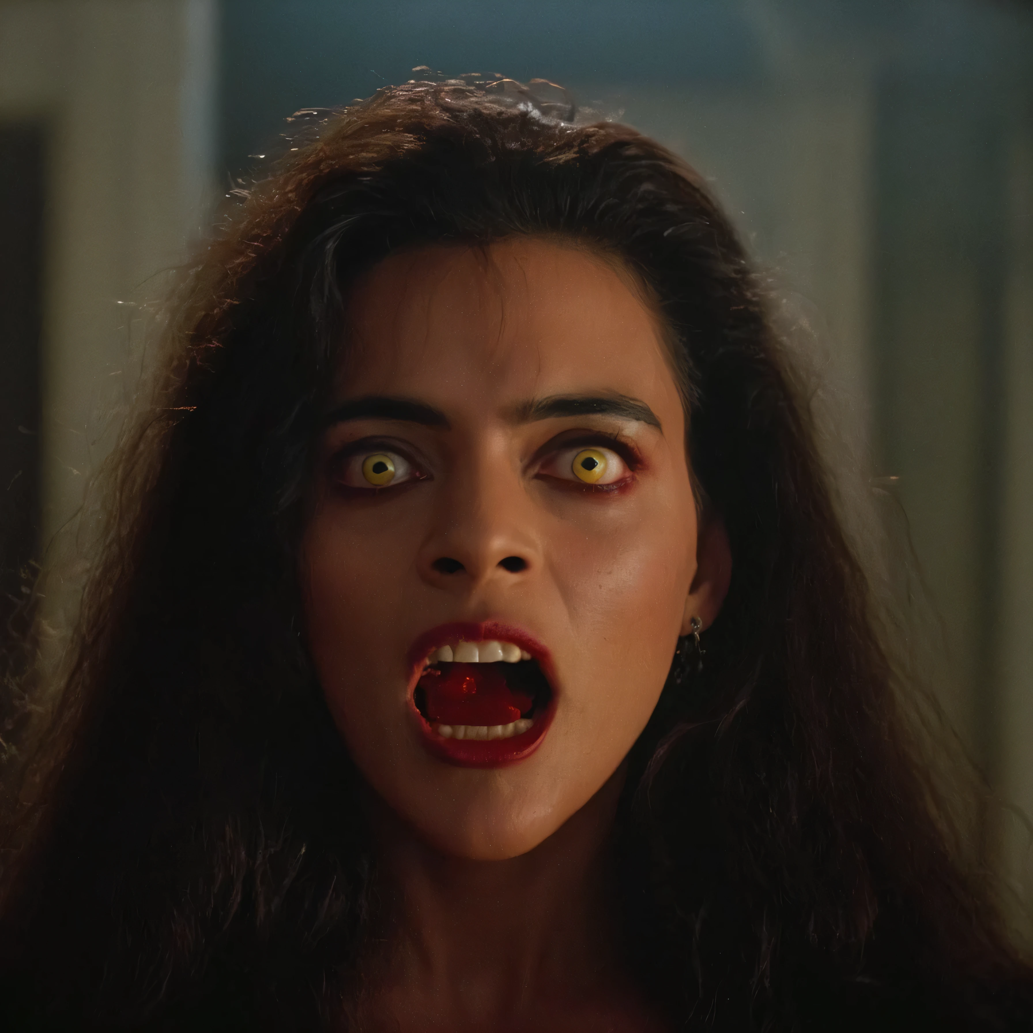 cinematic film still of  Regine Dandridge, In the 1980's Cinematic Closeup Shot Film Footage captured by Panavision Cameras and Lenses,Julie Carmen as Regine a messy long hair vampire woman with blood on her face and a vampire fangs and yellow eye lenses staring at camera in a room with cool white light above and warm face light on Fright Night 1985 Film Style,solo,open mouth,black hair,1boy,yellow eyes,male focus,teeth,hairclip,blood,portrait,blood on face,Fright Night 1985 style,horror themed,dark themed,sexy,seductive
 shallow depth of field, vignette, highly detailed, high budget, bokeh, cinemascope, moody, epic, gorgeous, film grain, grainy