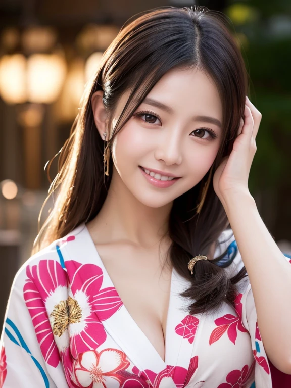 ((highest quality))、((Natural and realistic eyes))、((Beautiful eyes))、Tear bags、double eyelid、((masterpiece、8K、Very detailed, Realistic, super thin skin, Perfect Anatomy))、Japanese women、1 person、30th Generation、married、Above the waist、((Sweat))、((pink floral yukata))、(Sexy smile)、clear、Beautiful woman、Elegant、(Fireworks display)、((Tied Hair))、Glamour、Bust size 85cm、
