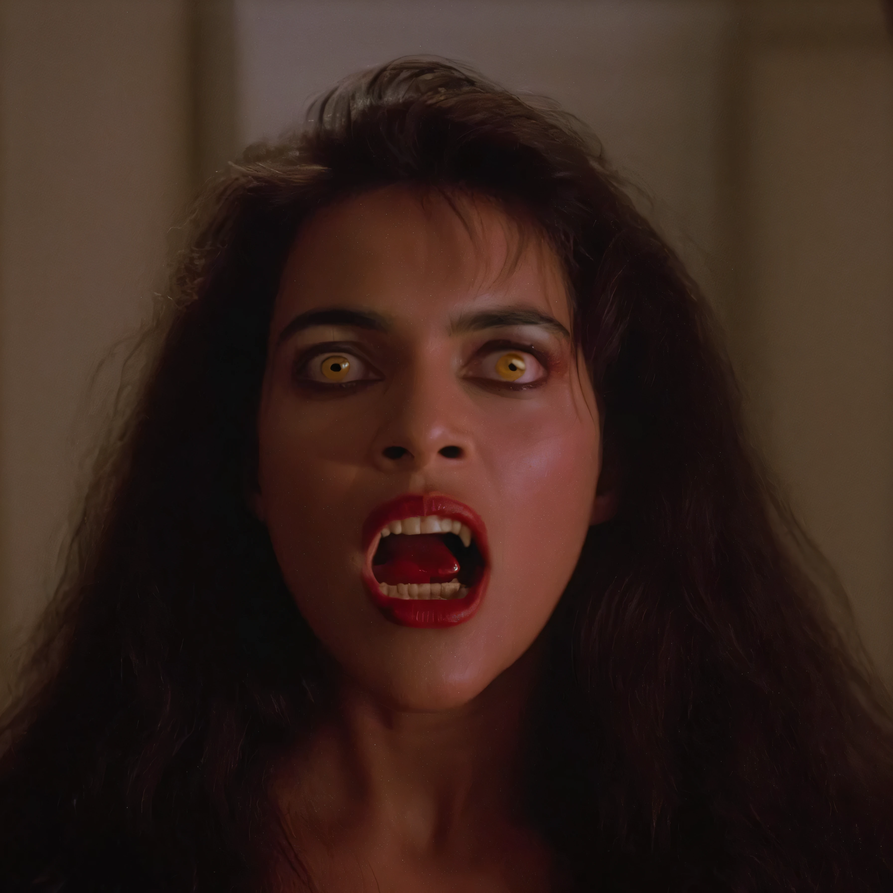 cinematic film still of  Regine Dandridge, In the 1980's Cinematic Closeup Shot Film Footage captured by Panavision Cameras and Lenses,Julie Carmen as Regine a messy long hair vampire woman with blood on her face and a vampire fangs and yellow eye lenses staring at camera in a room with cool white light above and warm face light on Fright Night 1985 Film Style,solo,open mouth,black hair,1boy,yellow eyes,male focus,teeth,hairclip,blood,portrait,blood on face,Fright Night 1985 style,horror themed,dark themed,sexy,seductive
 shallow depth of field, vignette, highly detailed, high budget, bokeh, cinemascope, moody, epic, gorgeous, film grain, grainy