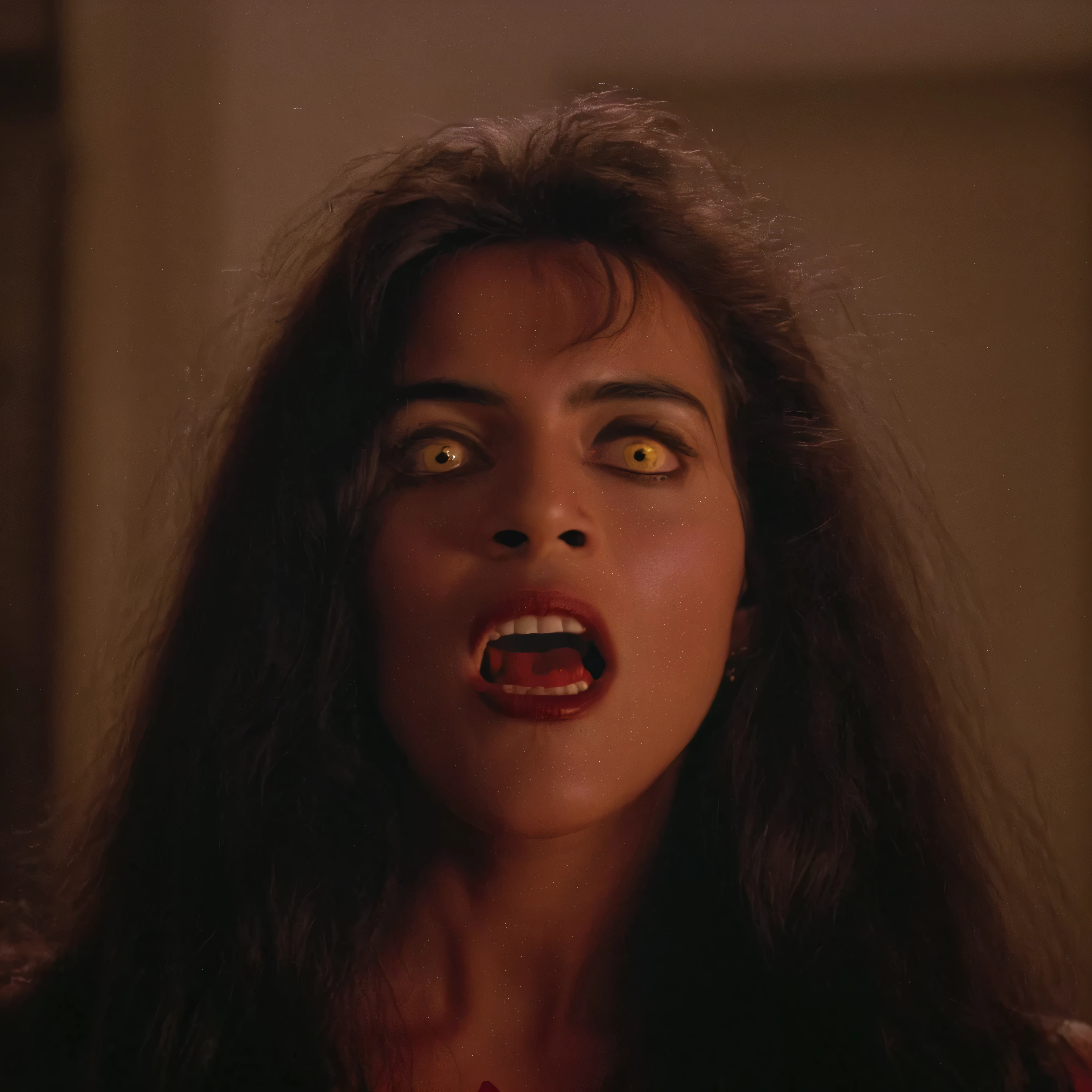 cinematic film still of  Regine Dandridge, In the 1980's Cinematic Closeup Shot Film Footage captured by Panavision Cameras and Lenses,Julie Carmen as Regine a messy long hair vampire woman with blood on her face and a vampire fangs and yellow eye lenses staring at camera in a room with cool white light above and warm face light on Fright Night 1985 Film Style,solo,open mouth,black hair,1boy,yellow eyes,male focus,teeth,hairclip,blood,portrait,blood on face,Fright Night 1985 style,horror themed,dark themed,sexy,seductive
 shallow depth of field, vignette, highly detailed, high budget, bokeh, cinemascope, moody, epic, gorgeous, film grain, grainy