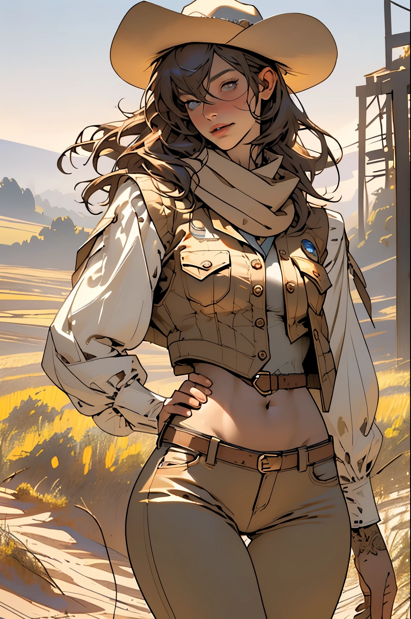 (highest quality, Super detailed, realistic:1.37), outdoor, girl, beautiful face, detailed and beautiful eyes, beautiful detailed lips, cowboy hat, vest with fringes, slim waist, slender thighs, thigh gap, slim thighs, show belly, pants, scarf, With confidence, medium chest, dusty farm landscape, golden hour lighting