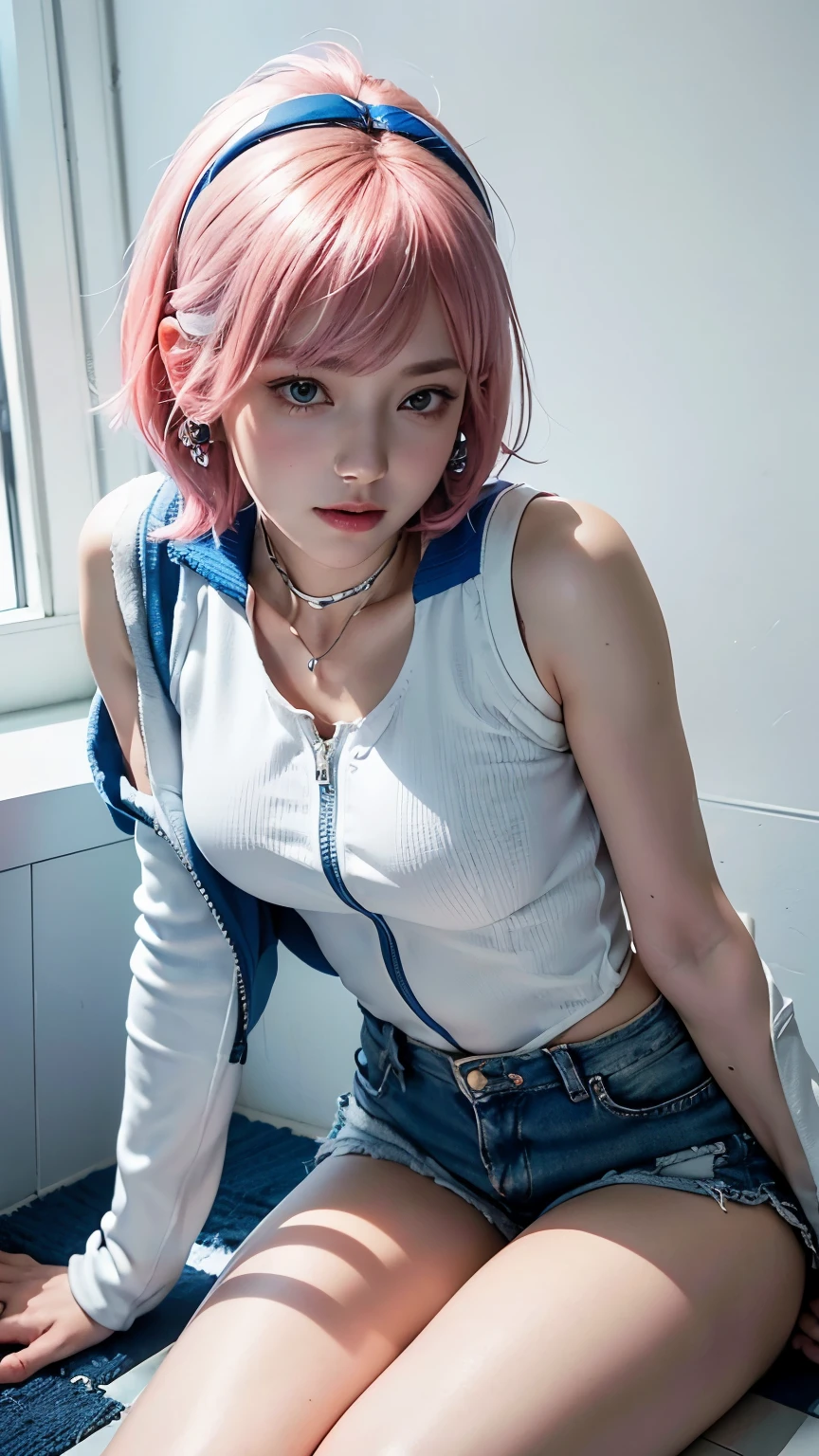 (8k, highest quality, masterpiece:1,2), (Realistic, Photorealistic:1.37), Super Detail, One Girl,), (Very detailedな), (Beautiful and detailed eyes), (highest quality), (Very detailed ), (masterpiece), (Detailed face),20-year-old, ,1 girl, ((Pink Hair,Very short hair)), Dressed, Perfect lighting, break  (White and blue colorblock bomber jacket:1.3), (Red high neck knit sweater:1.2), (White sleeveless bodysuit:1.4), (Blue high waist shorts:1.3), (Slim fit and sporty silhouette:1.2), (White knee-high socks:1.2), (Red sneakers:1.2), (White headband:1.2), (Red earrings:1.2), (blue necklace:1.2), break bangs on left side, Right ear, White headband, smile, looking at the camera, Sparkling eyes, Proudly, Stand up straight, White wall with blue lines, Gundam head logo on the wall, Grey tile floor, Red carpet on the floor, Natural light through the window, Bright face and clothes, Few shadows,(head shot:1.5)
