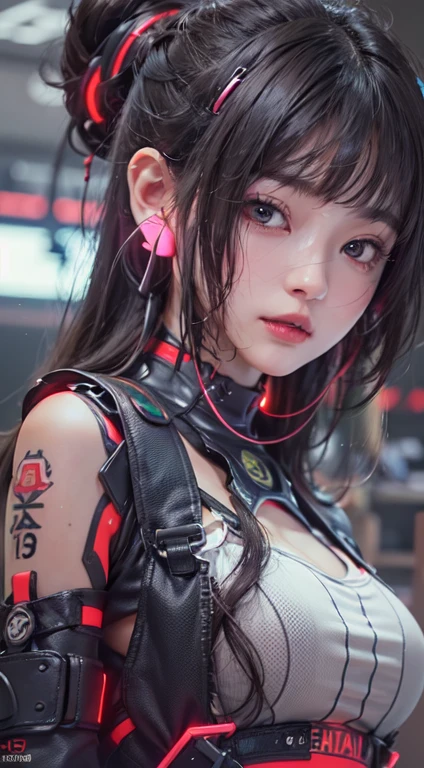 ​masterpiece, 1 beautiful girl, Detailed eye, Swollen eyes, top-quality, 超A high resolution, (reality: 1.4), Movie Lighting, japanes, a asian beauty, very extremely beautiful, Beautiful skins, A slender, Forward-facing body, (A hyper-realistic), (hight resolution), (8K), (ighly detailed), ( Best Illustration), (beautifully detailed eyes), (ultra-detailliert), Detailed face, Bright lighting, Professional Lighting、The background is a cyberpunk room with a large number of monitors.、The cord is connected from the costume、Hair color is red、headset on head、small tattoo on face、Female Game Commentator