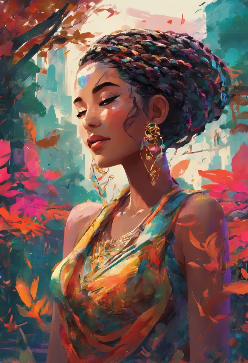 (masterpiece, best quality, full body shot, Javanese female, sweaty athletic body, wearing a thin silk shirt that clings to her curves, hands adorned with intricate bracelets, dancing in a joyful situation under the pouring rain, eyes brightened with excitement and a hint of wetness, eye-catching accessories made of precious metals and colorful beads, a trendy and innovative hairstyle with vibrant braids, vibrant makeup with bold colors and defined lines, a small village background with flying leafy trees adding a touch of natural beauty and serenity, realistic and dramatic lighting creating bright and vivid colors, illustration style capturing the intricacy and detailed text
