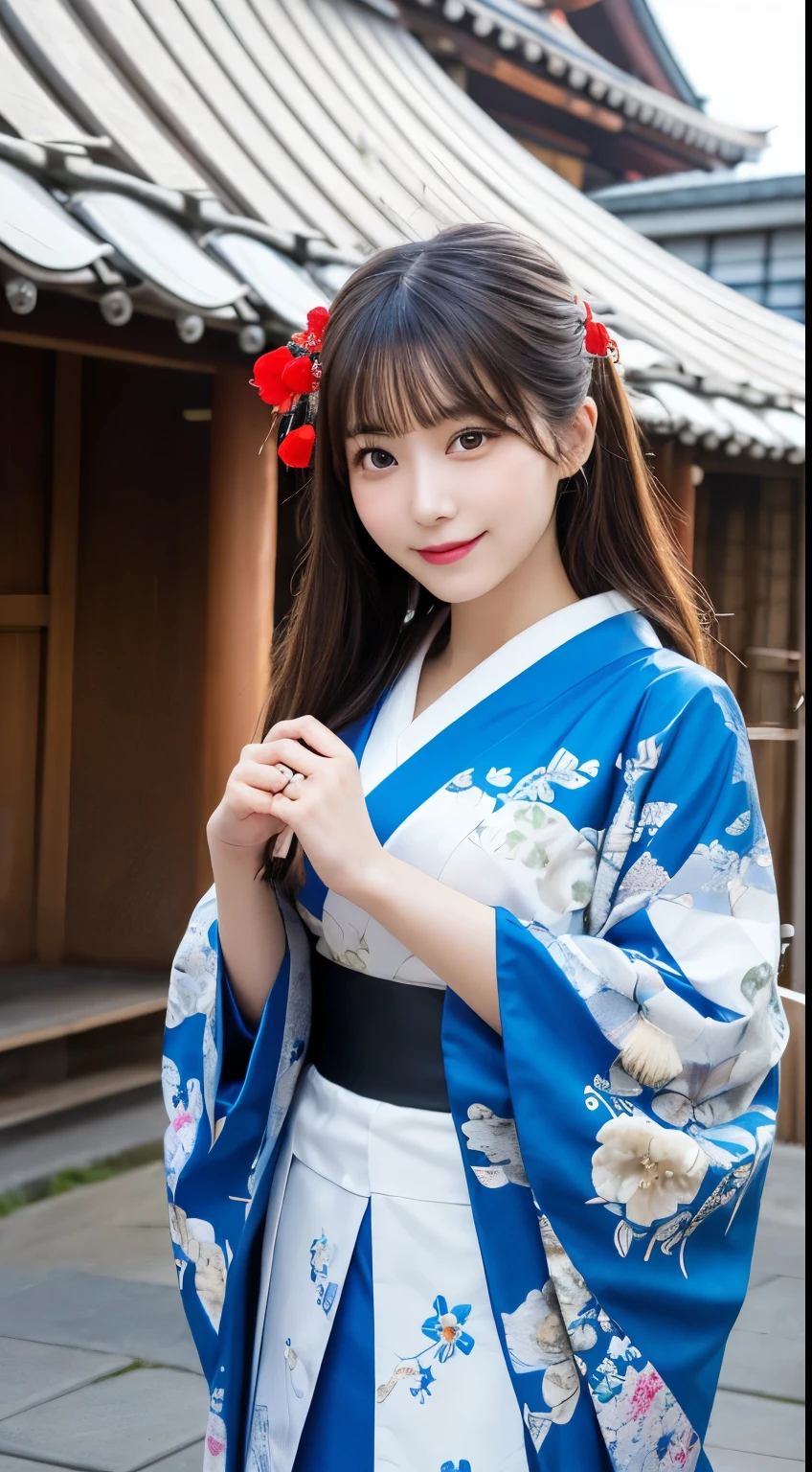 Tabletop, highest quality, figure, Very detailed, In detail, High resolution, 8k wallpaper, Perfect dynamic composition, Beautiful fine details,Shrine maiden hair, , Natural color lip, Random and cute poses,smile,Ise Jingu,kimono(Wear a shrine maiden costume),Perfect and beautiful face,Slender body,Narrow Face