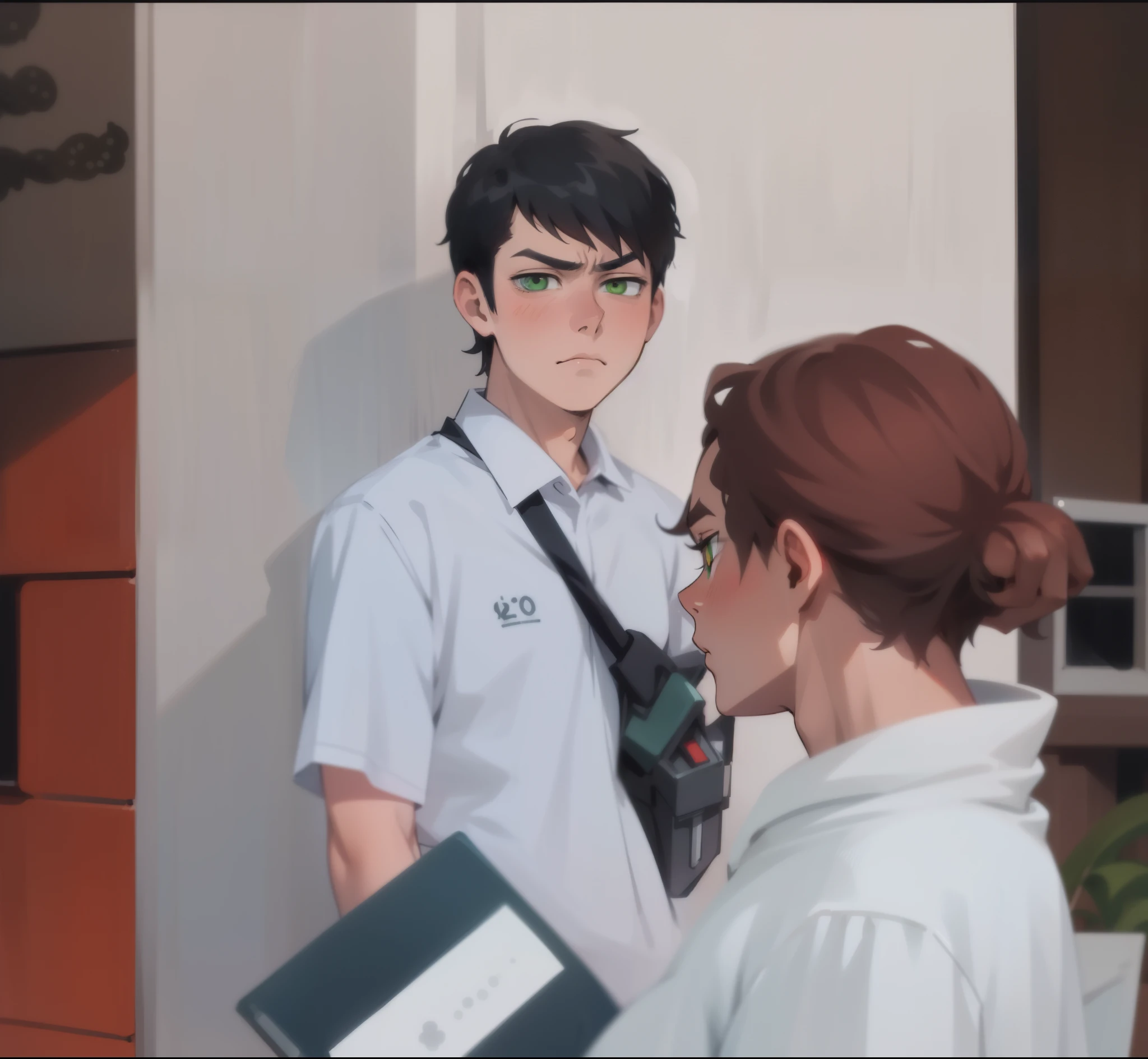 estilo comic anime 2d, 17 year old boy look sad depressed green eyes