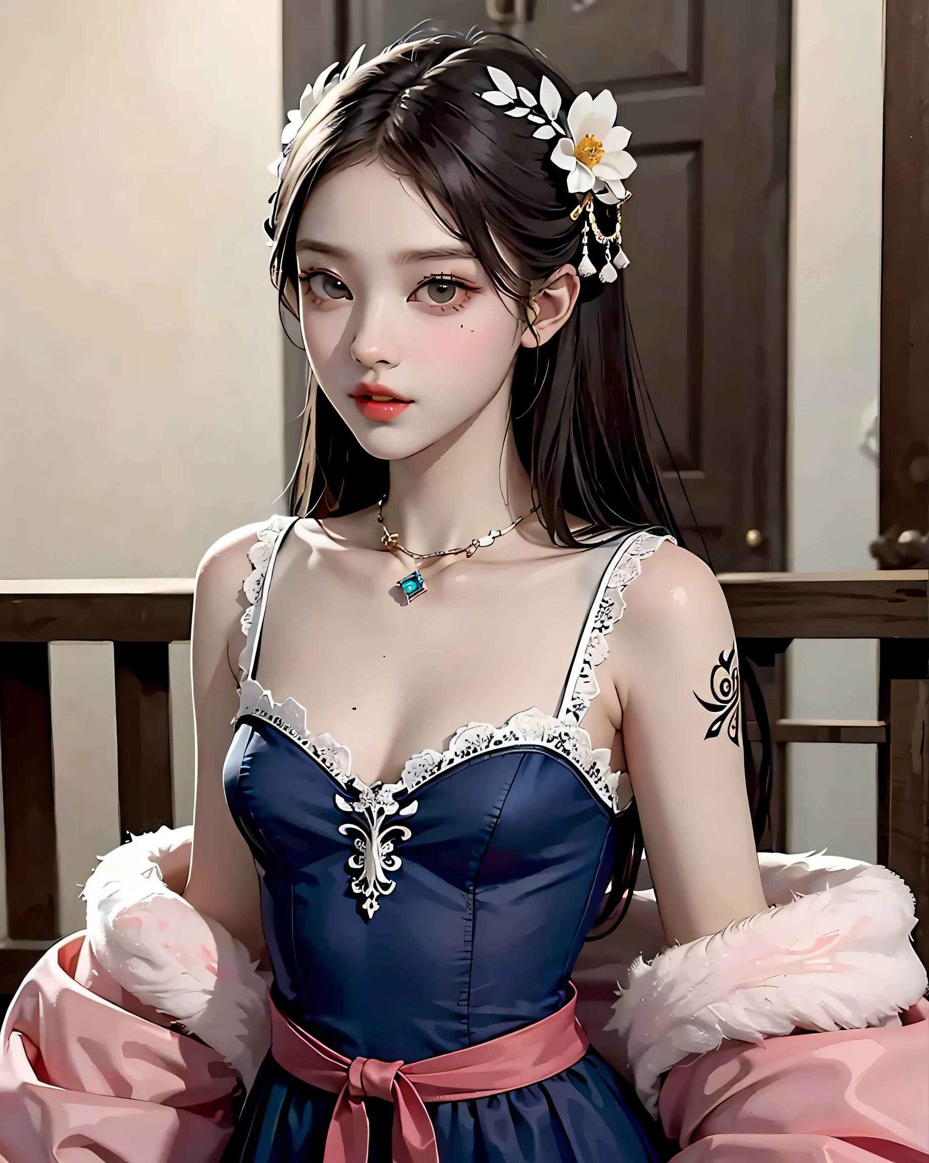 Master Parts:1.2, highest quality), 4K quality, Realistic, (Real Picture, Intricate details, Depth of written boundary), (One girl, alone), Compose, Lips apart, Very detailed, Perfect Face, (skin denture), Thick thighs, Wide Hips, Small waist, expensive, Glossy coral lips, Tattooed, Chest tattoo , Asian, Ulzzang, Korean, Ulzzang, Andy Blossom Asian