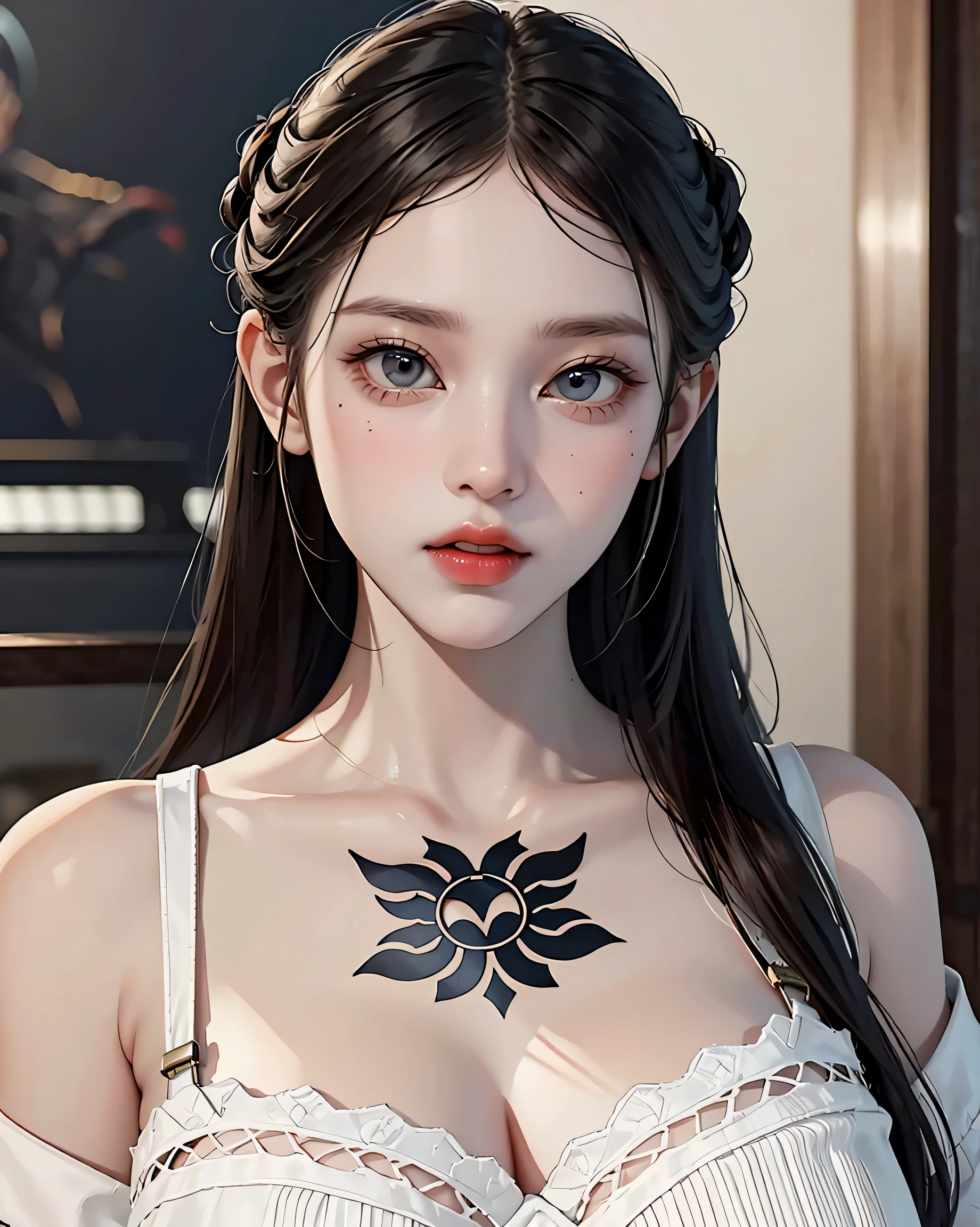 Game Art，CG Animation，Best image quality，Maximum resolution，8k，(Half-body photo)，(Portraiture)，(Head close-up)，(Three-part method)，Unreal Engine 5 rendering，20-year-old girl，((Queen))，The eyes are very detailed，(Large Breasts)，Elegant and noble，Cinema Lighting，Ray Tracing，Game CG，((3D Unreal Engine))，OC Rendering Reflection Mode，4K，Ultra Clear，Translucent lace，Fair skin and plump figure，Pretty face，Glossy gel coat，The Queen in a luxurious dress，Put your hands behind your back，Body Tattoo Designs，The tattoo is very delicate，Chest tattoo is Chinese(The Chinese write:：hell)，Hands on hips