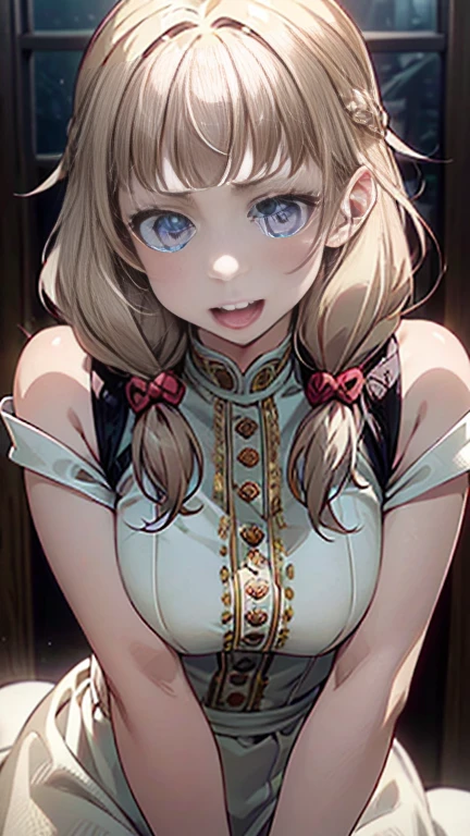 (Masterpiece: 1.2), Best Quality, (Illustration: 1.2), Eye Focus, (Ultra Detailed), Ultra Detail, (Fine Detail), (Intricate Detail), (Cinematic Light, Best Quality Backlight), Clear Lines, Solo Female, Solo Female, Perfect Figure, (1 Girl), High Contrast, (Best Lighting, Extremely Delicate and Beautiful), ((Cinematic Light)), Powerful, Absolutely Striking, Dynamic Angle, Gorgeous Background, cute Teeth, Open Mouth, mischievous smile, close-up, depth of field, close-up of a long-haired character. A cute tongue sticks out of the mouth, long hair, big breasts, short sleeves, dress, bare shoulders, braids, porcelain clothes
